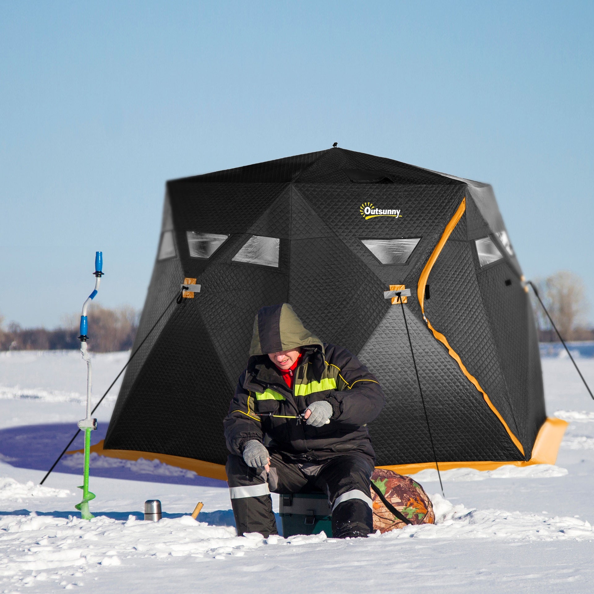 Outsunny 4 Person Insulated Pop-Up Ice Fishing Shelter, 360-Degree View, Portable Ice Fishing Tent Shanty with Carry Bag, Two Doors and Anchors for Low-Temp -22℉, Black and Orange