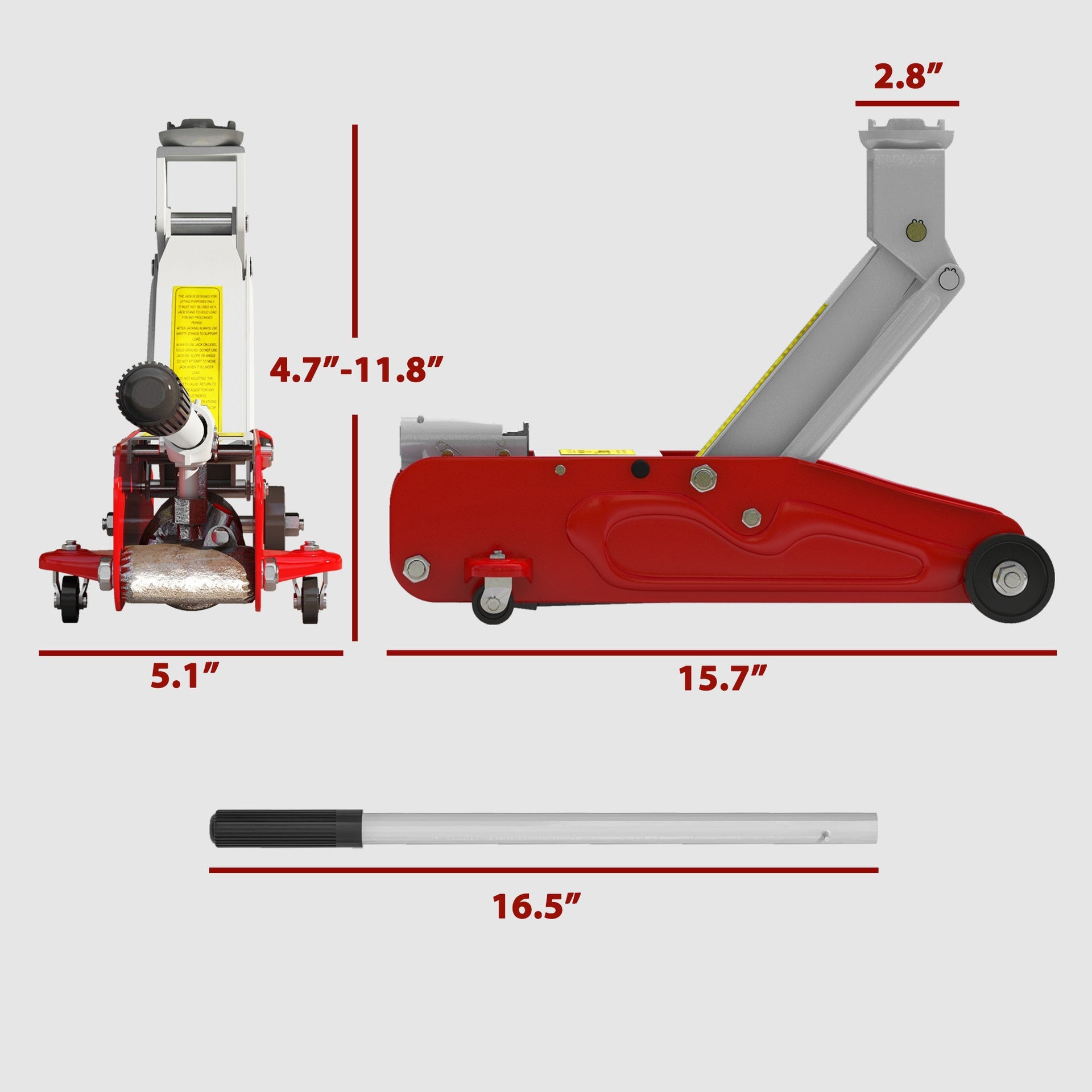 HOMCOM 2 Ton Low Profile Hydraulic Floor Jack, Heavy Duty Steel Racing Car Jack, 4.7"-11.8" Lift Range, Red