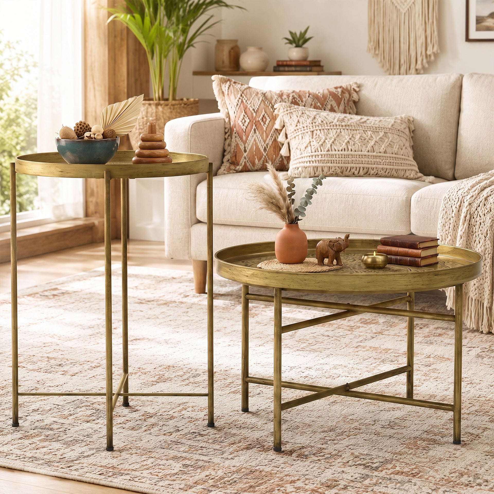 HOMCOM Coffee Table Set for Living Room, Round Center Table Set with Hammered Tray Top and Metal Frame for Bedroom, Gold