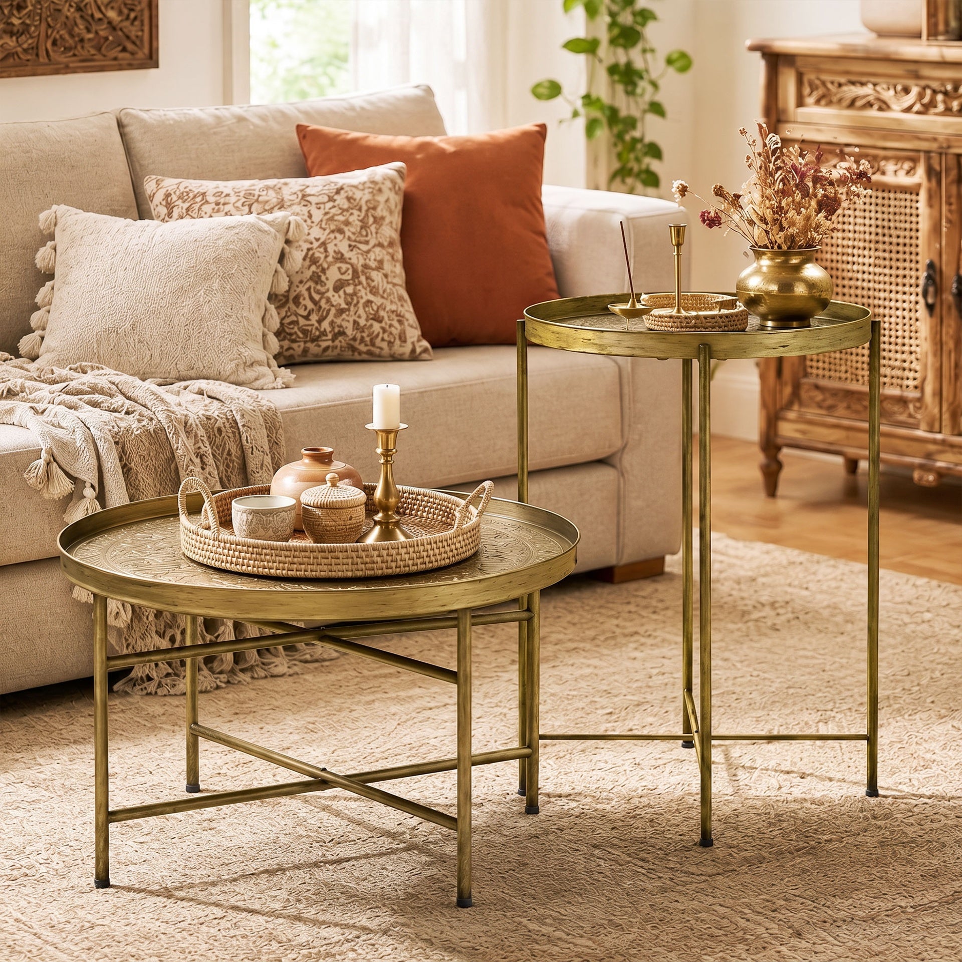 HOMCOM Coffee Table Set for Living Room, Round Center Table Set with Hammered Tray Top and Metal Frame for Bedroom, Gold