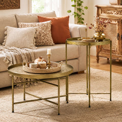 HOMCOM Coffee Table Set for Living Room, Round Center Table Set with Hammered Tray Top and Metal Frame for Bedroom, Gold