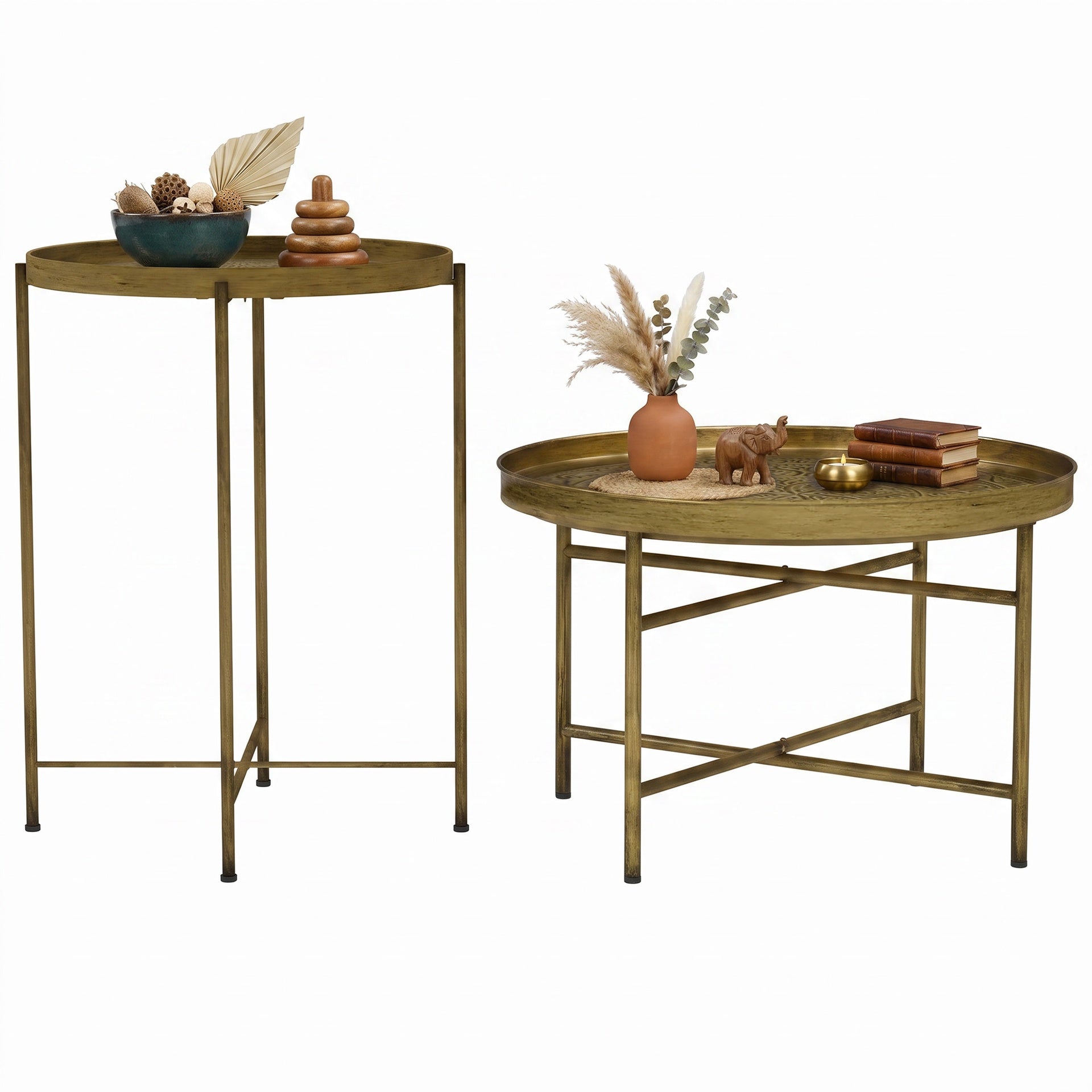 HOMCOM Coffee Table Set for Living Room, Round Center Table Set with Hammered Tray Top and Metal Frame for Bedroom, Gold