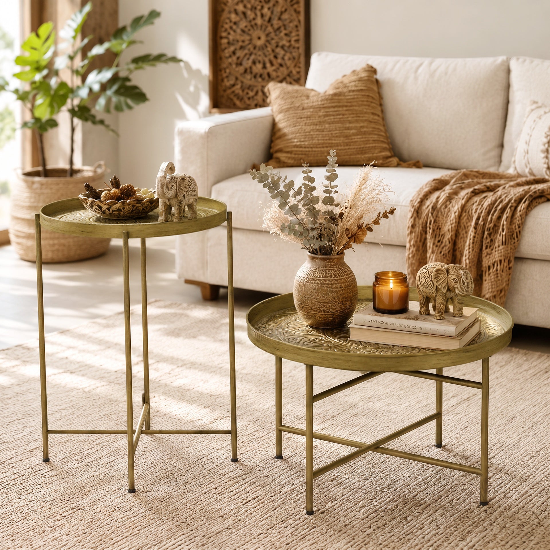 HOMCOM Coffee Table Set for Living Room, Round Center Table Set with Hammered Tray Top and Metal Frame for Bedroom, Gold