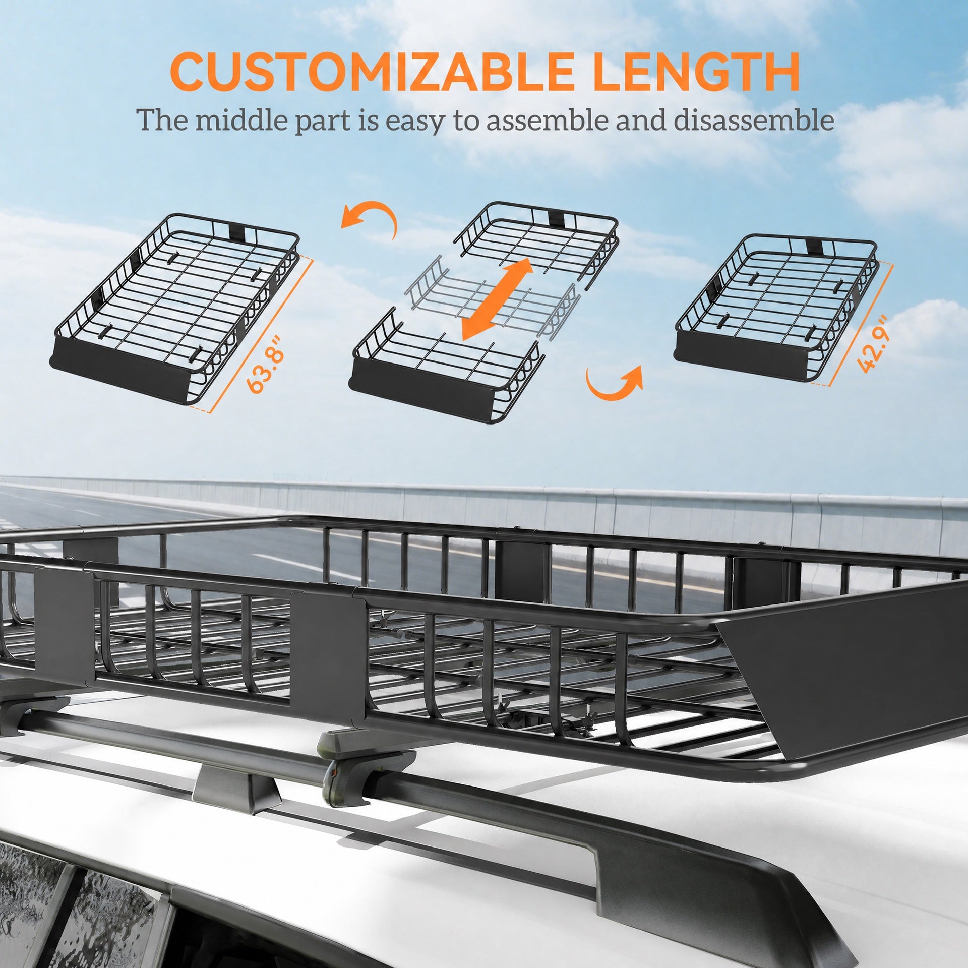 HOMCOM Car Roof Rack Basket, 63.8" x 39" x 6.3" Adjustable Cargo Basket for Cars, SUVs, Vans and RVs, 220 lbs Capacity, Black