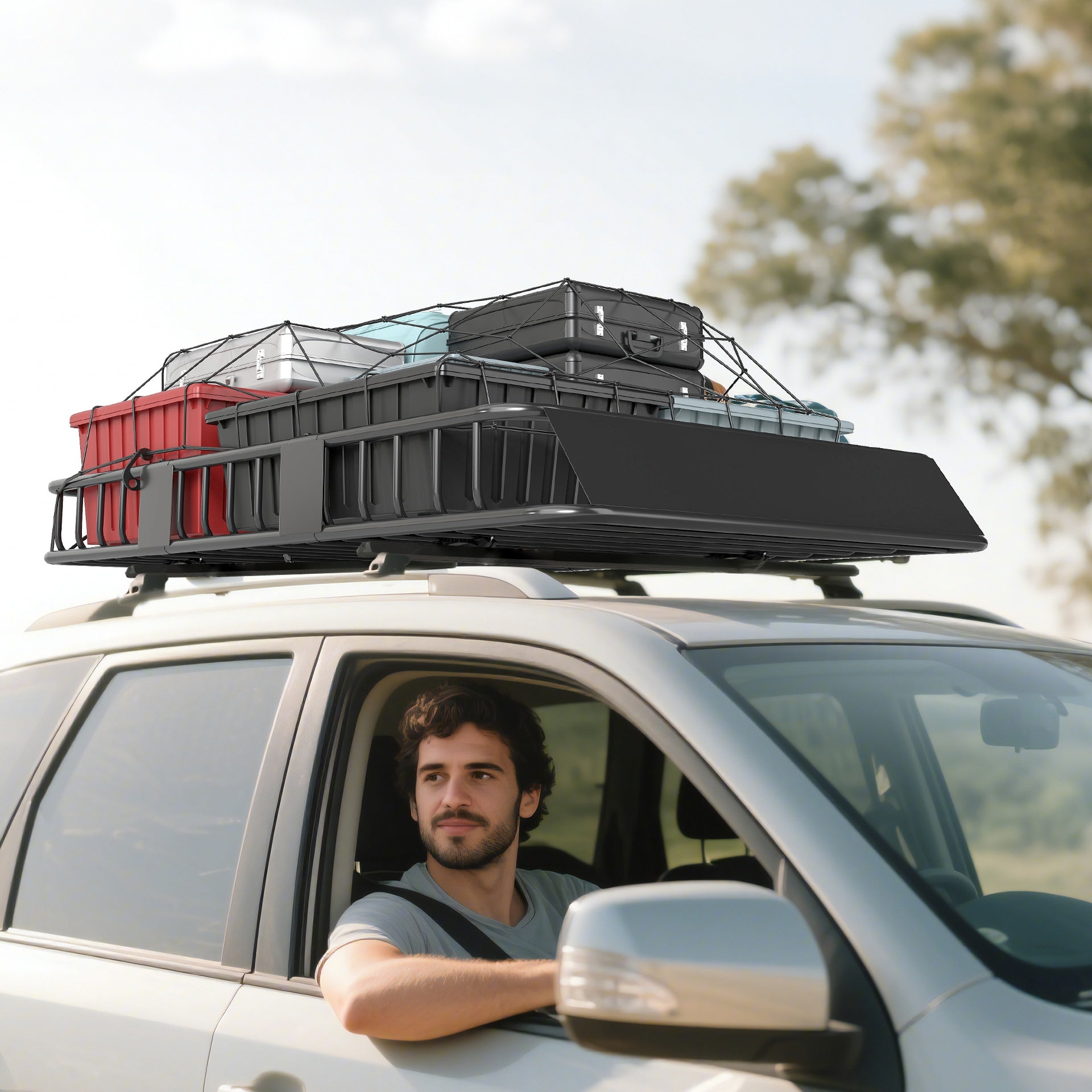 HOMCOM Car Roof Rack Basket, 63.8" x 39" x 6.3" Adjustable Cargo Basket for Cars, SUVs, Vans and RVs, 220 lbs Capacity, Black