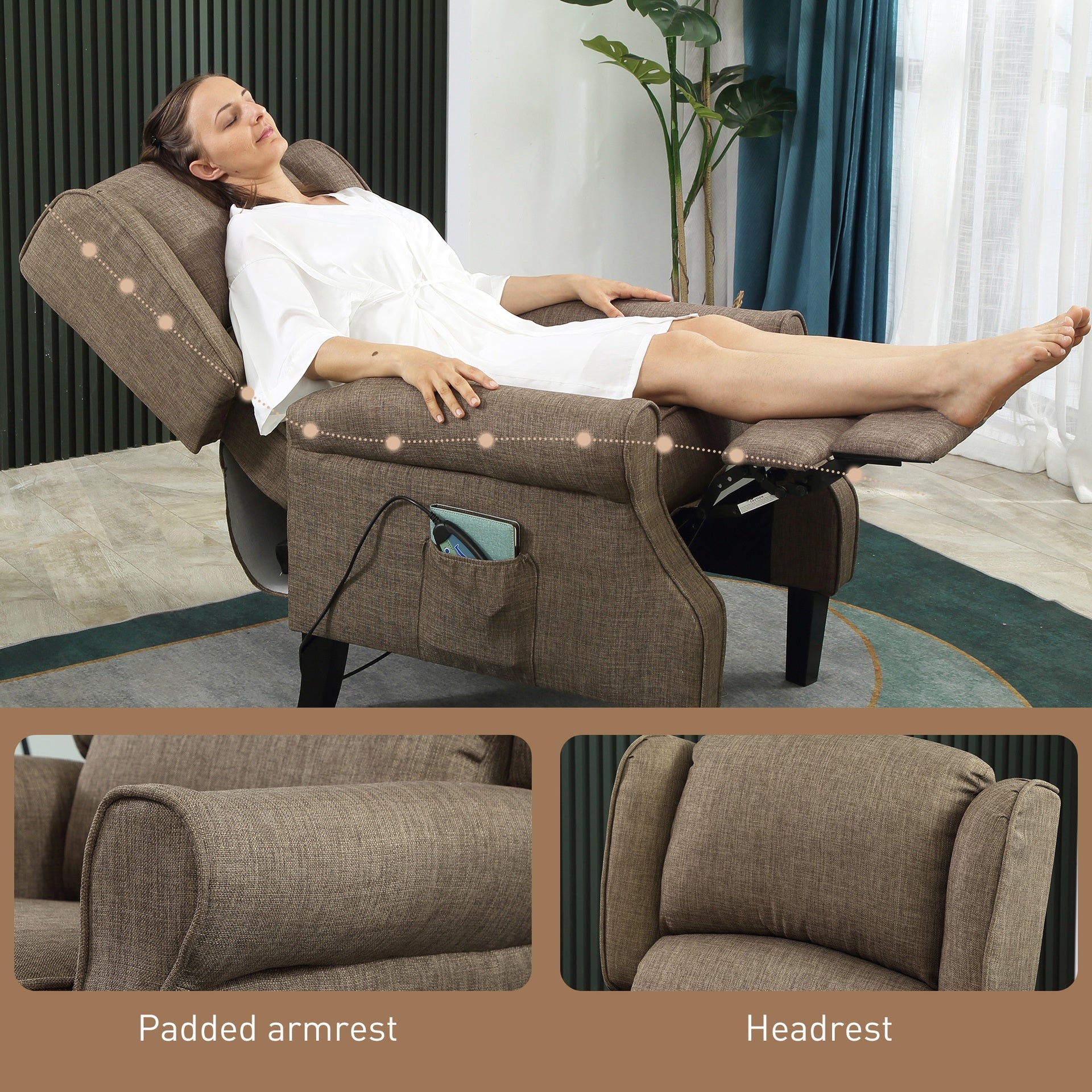 HOMCOM Vibration Massage Recliner Chair for Living Room with Heat, Wingback Single Sofa, Brown