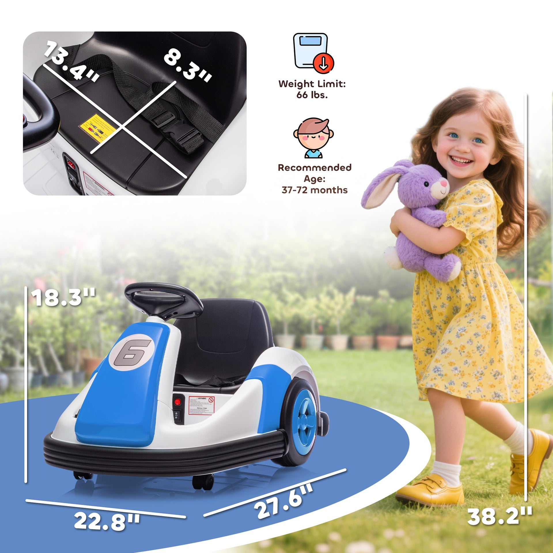 Qaba 6V Kids Bumper Car with Big Wheels, Electric Car for Kids with 360-Degree Spin, Slow Start, for 37-72 M, Blue