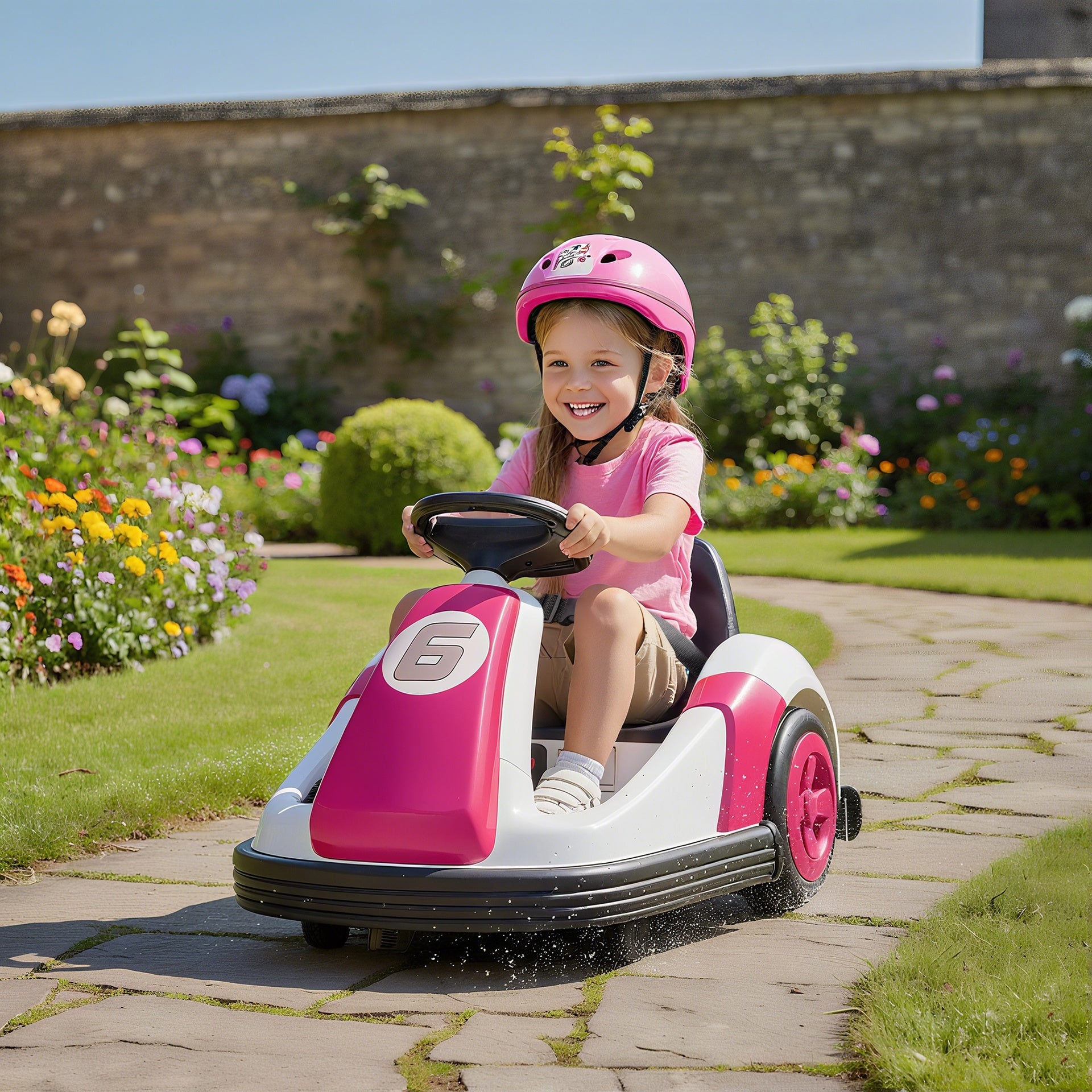 Qaba 6V Kids Bumper Car with Big Wheels, Electric Car for Kids with 360-Degree Spin, Slow Start, for 37-72 M, Pink