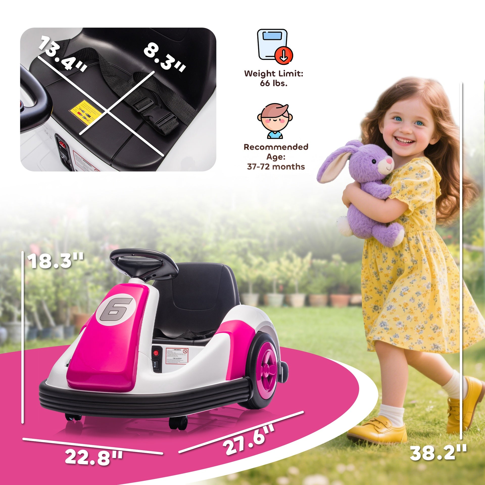 Qaba 6V Kids Bumper Car with Big Wheels, Electric Car for Kids with 360-Degree Spin, Slow Start, for 37-72 M, Pink