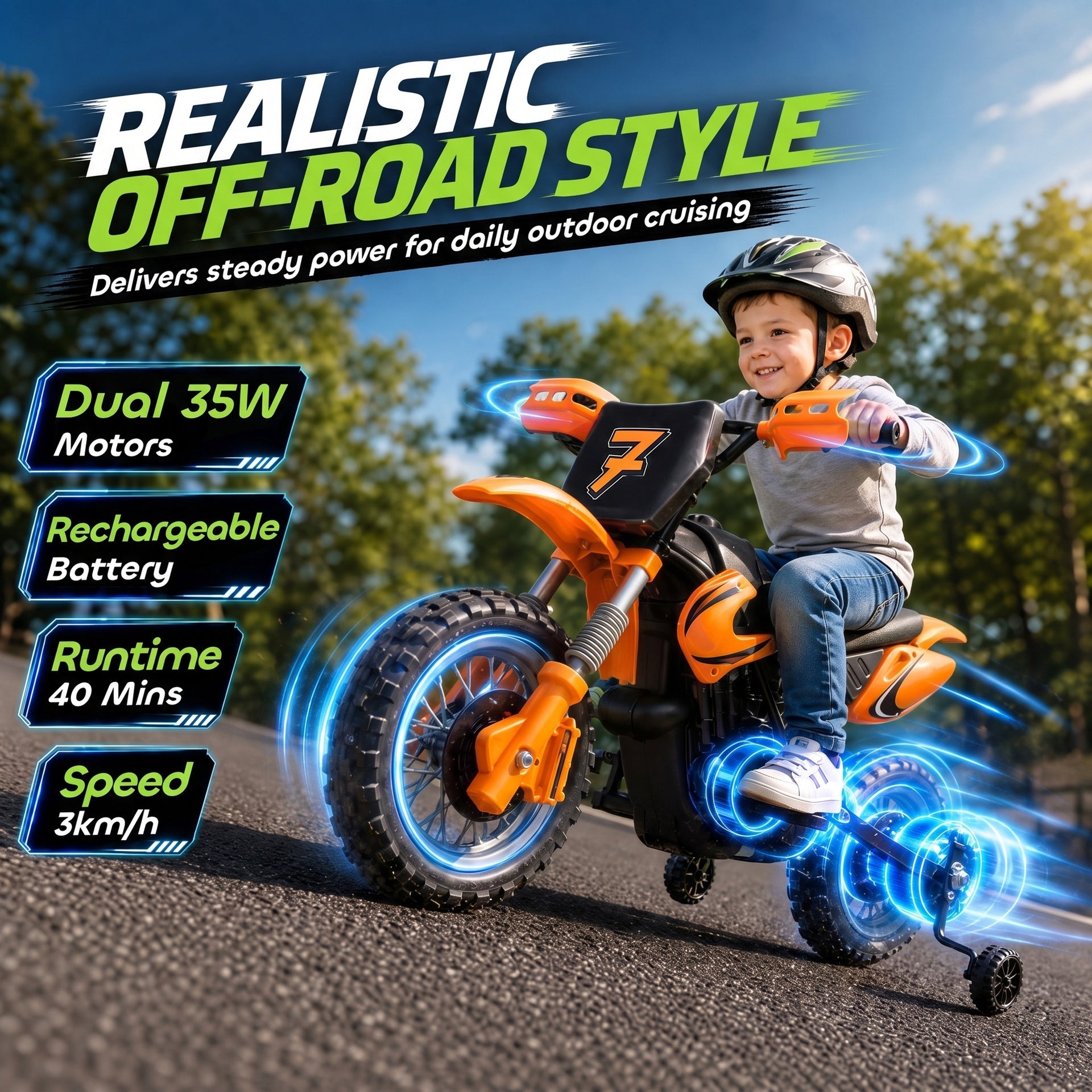 Qaba 12V Kids Motorcycle, 2 x 35W Electric Dirt Bike with Training Wheels, Rear Suspension, Horn for 3-6 Years, Orange