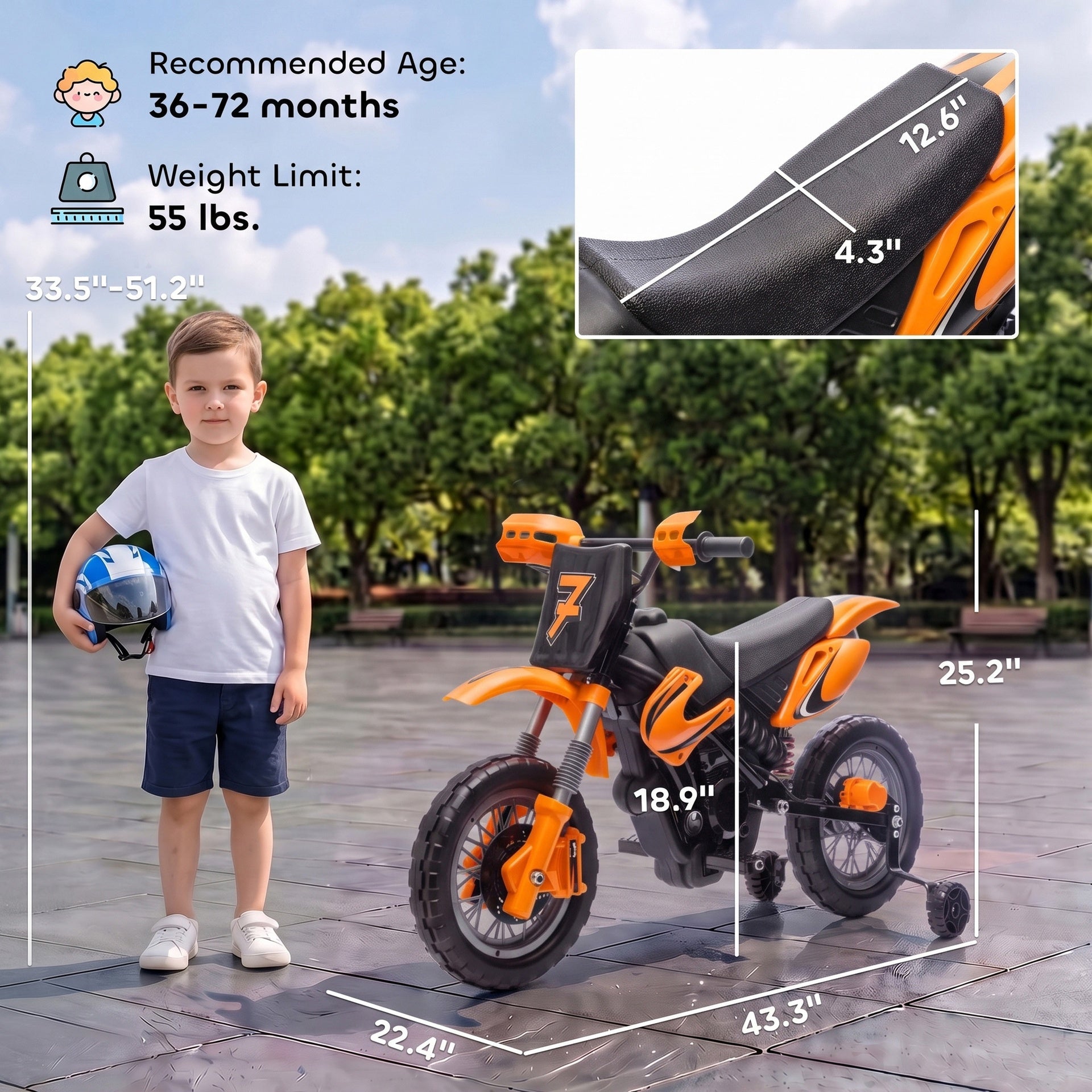 Qaba 12V Kids Motorcycle, 2 x 35W Electric Dirt Bike with Training Wheels, Rear Suspension, Horn for 3-6 Years, Orange