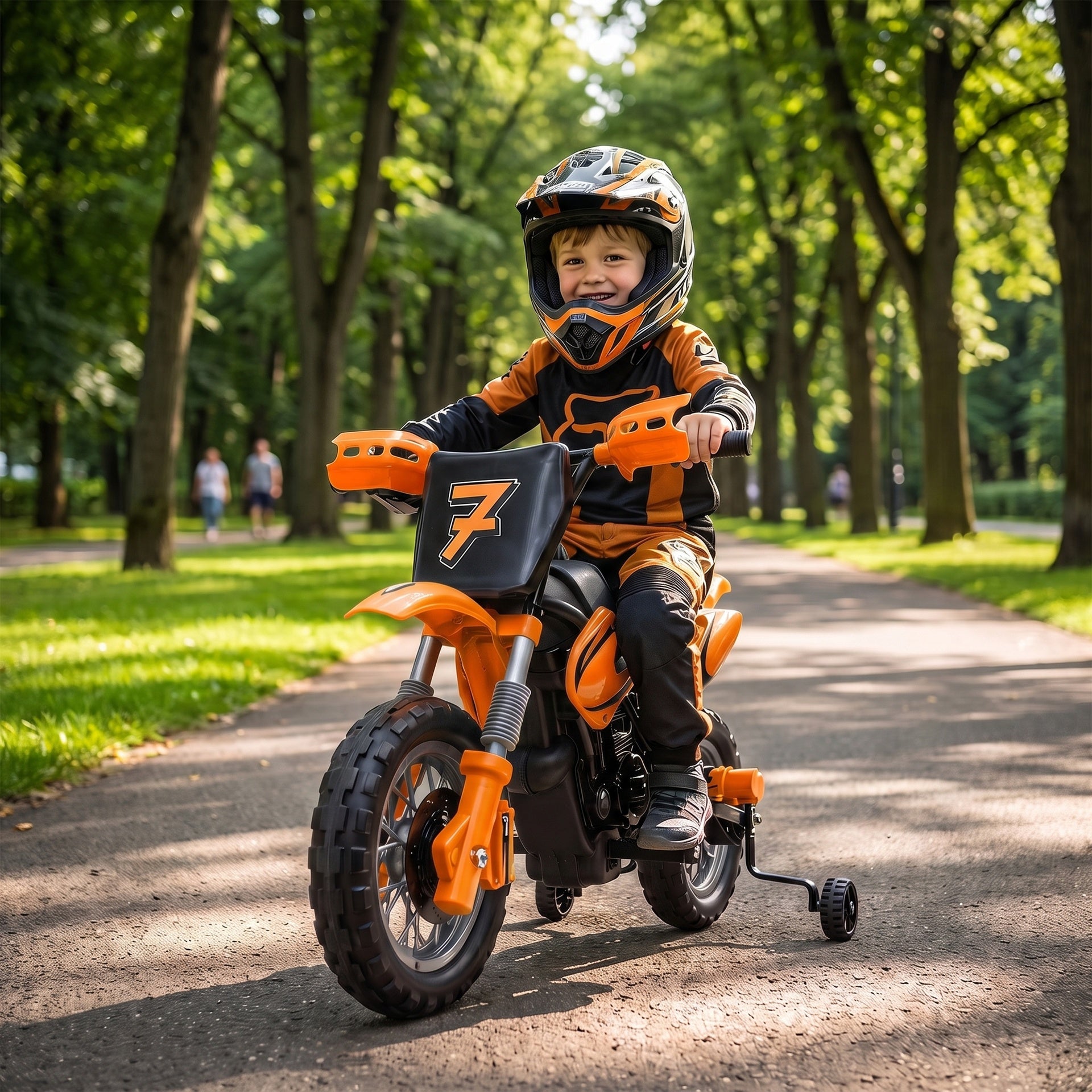 Qaba 12V Kids Motorcycle, 2 x 35W Electric Dirt Bike with Training Wheels, Rear Suspension, Horn for 3-6 Years, Orange
