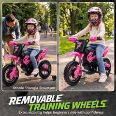 Qaba 12V Kids Motorcycle, 2 x 35W Electric Dirt Bike with Training Wheels, Rear Suspension, Horn for 3-6 Years, Pink