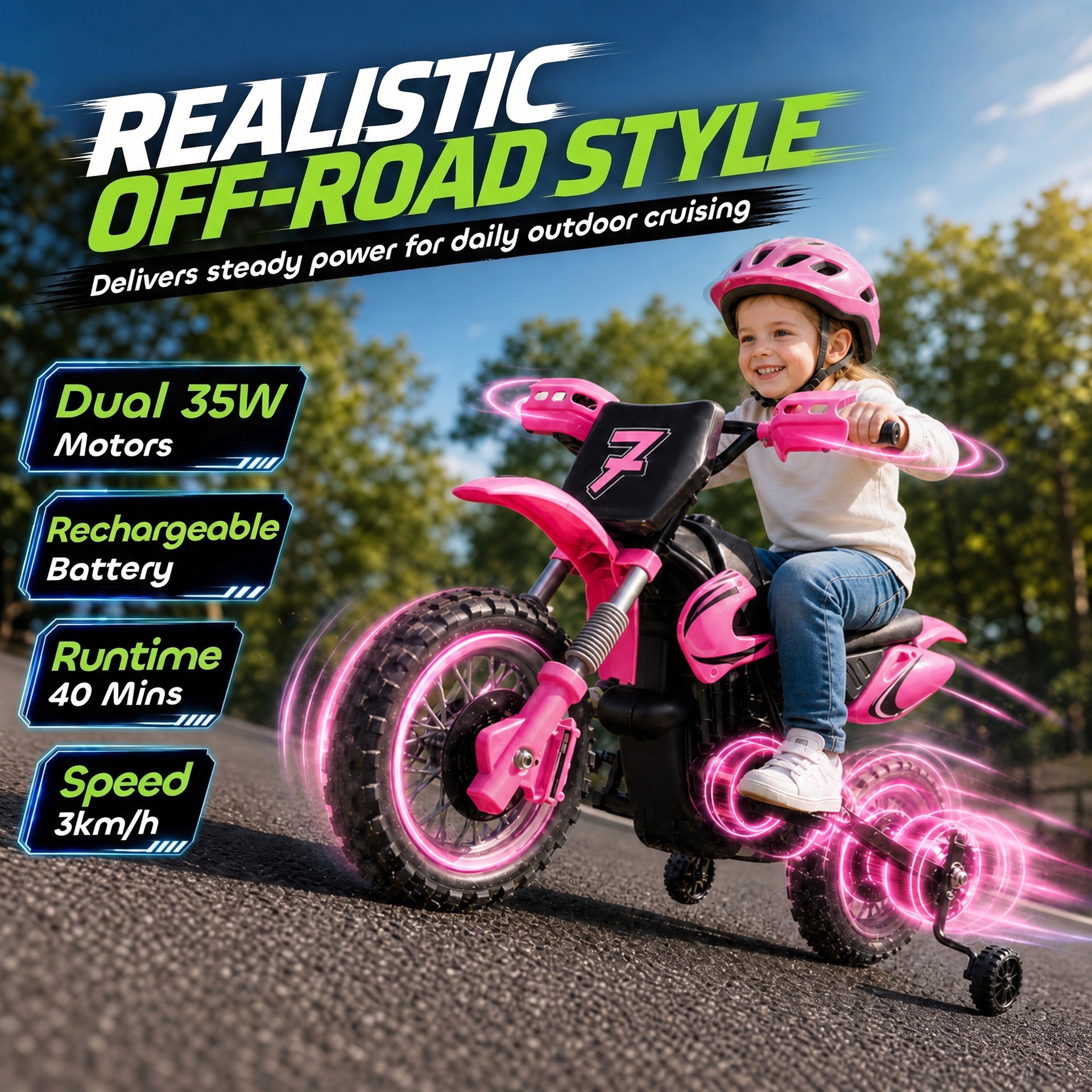 Qaba 12V Kids Motorcycle, 2 x 35W Electric Dirt Bike with Training Wheels, Rear Suspension, Horn for 3-6 Years, Pink