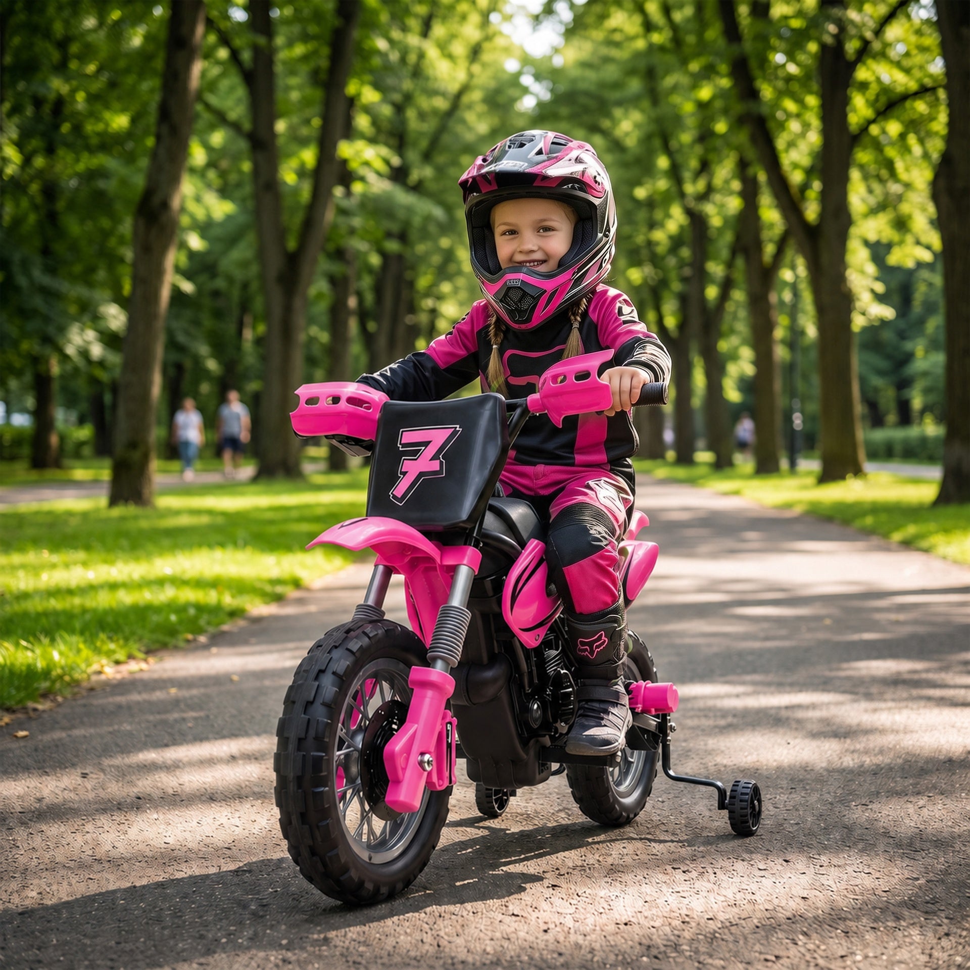 Qaba 12V Kids Motorcycle, 2 x 35W Electric Dirt Bike with Training Wheels, Rear Suspension, Horn for 3-6 Years, Pink