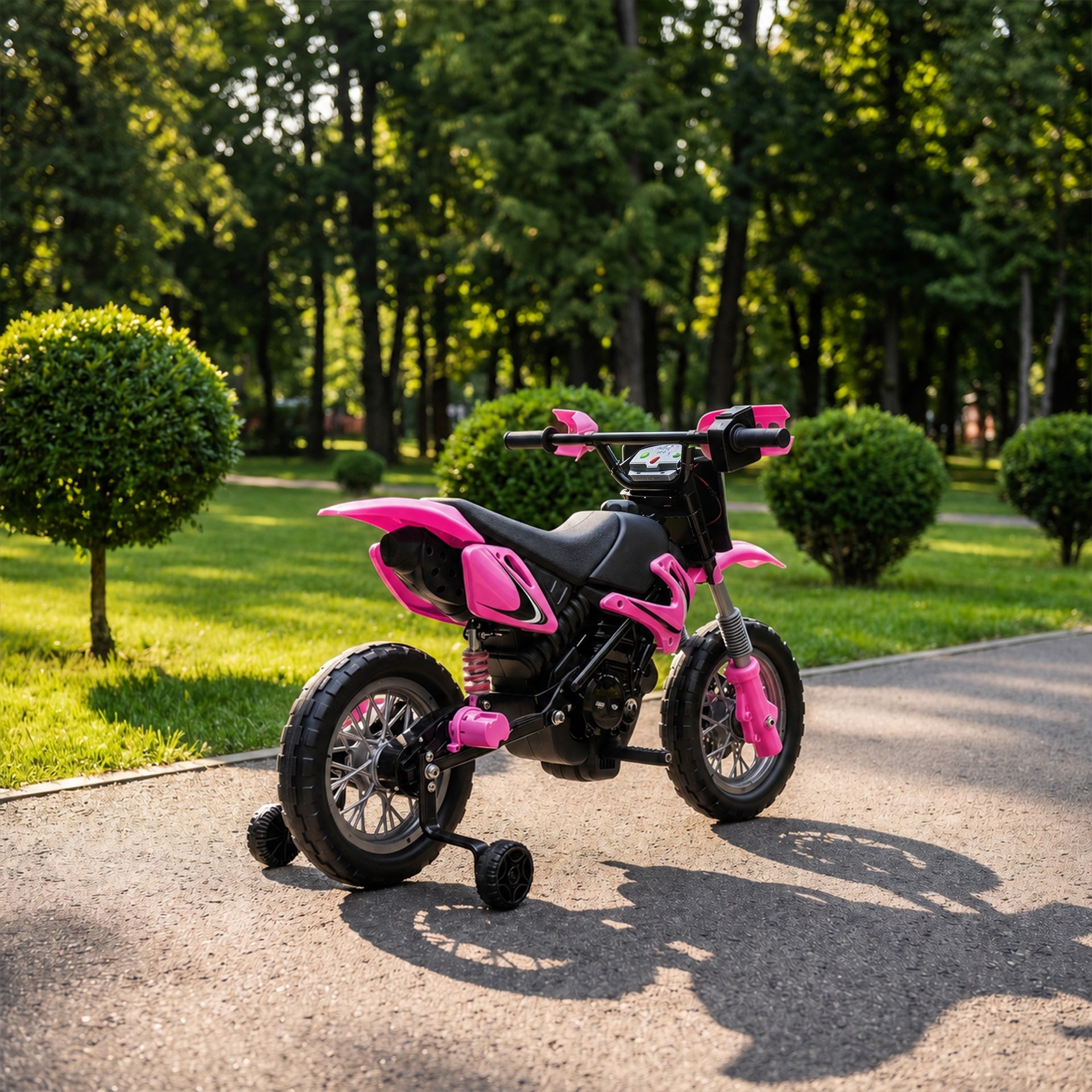 Qaba 12V Kids Motorcycle, 2 x 35W Electric Dirt Bike with Training Wheels, Rear Suspension, Horn for 3-6 Years, Pink