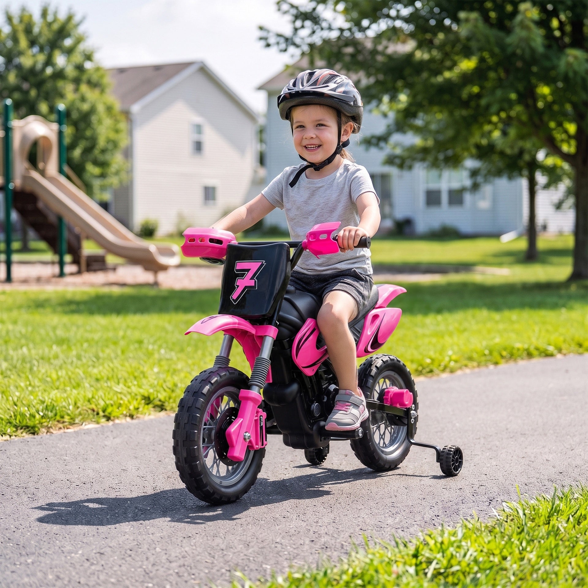 Qaba 12V Kids Motorcycle, 2 x 35W Electric Dirt Bike with Training Wheels, Rear Suspension, Horn for 3-6 Years, Pink
