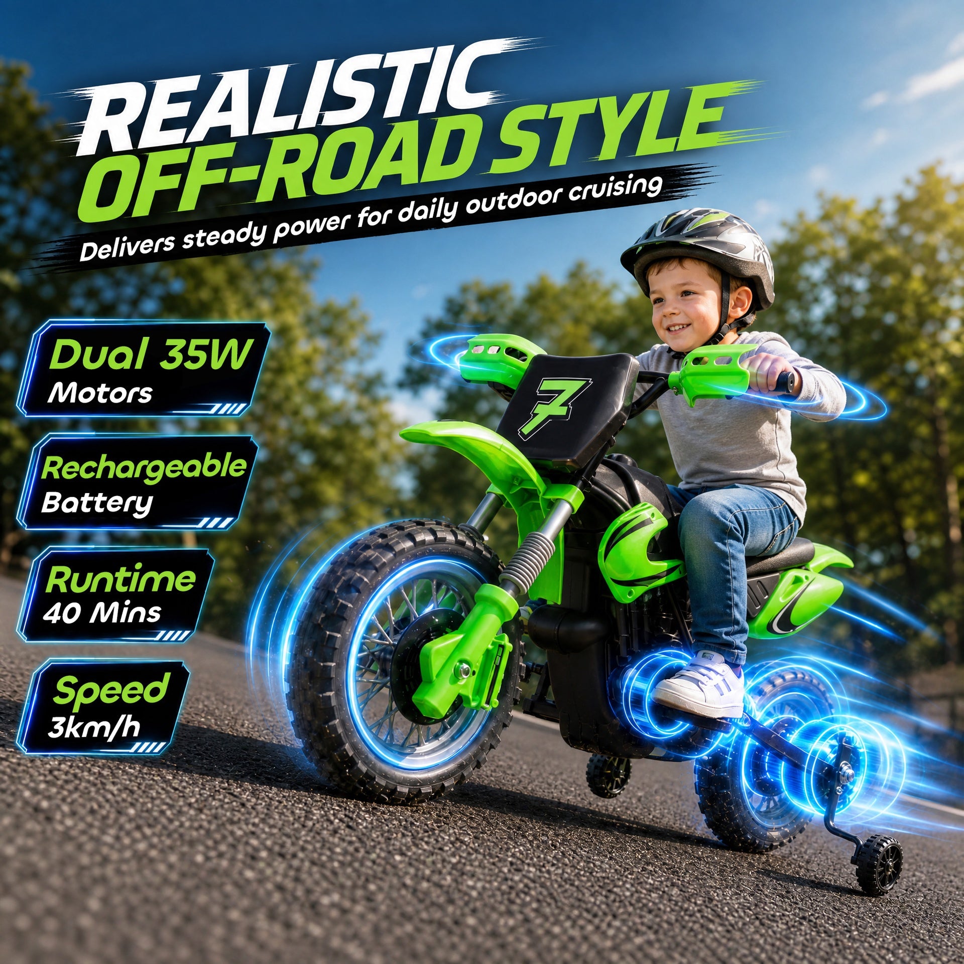 Qaba 12V Kids Motorcycle, 2 x 35W Electric Dirt Bike with Training Wheels, Rear Suspension, Horn for 3-6 Years, Green