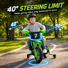 Qaba 12V Kids Motorcycle, 2 x 35W Electric Dirt Bike with Training Wheels, Rear Suspension, Horn for 3-6 Years, Green