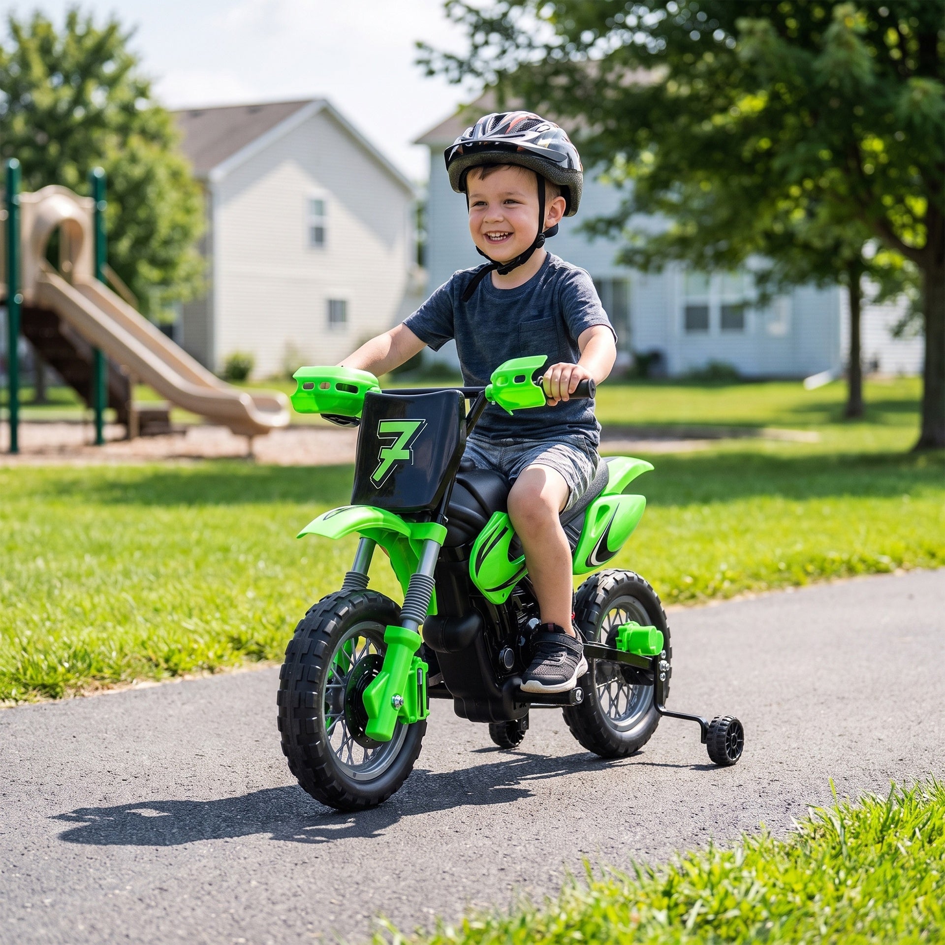 Qaba 12V Kids Motorcycle, 2 x 35W Electric Dirt Bike with Training Wheels, Rear Suspension, Horn for 3-6 Years, Green