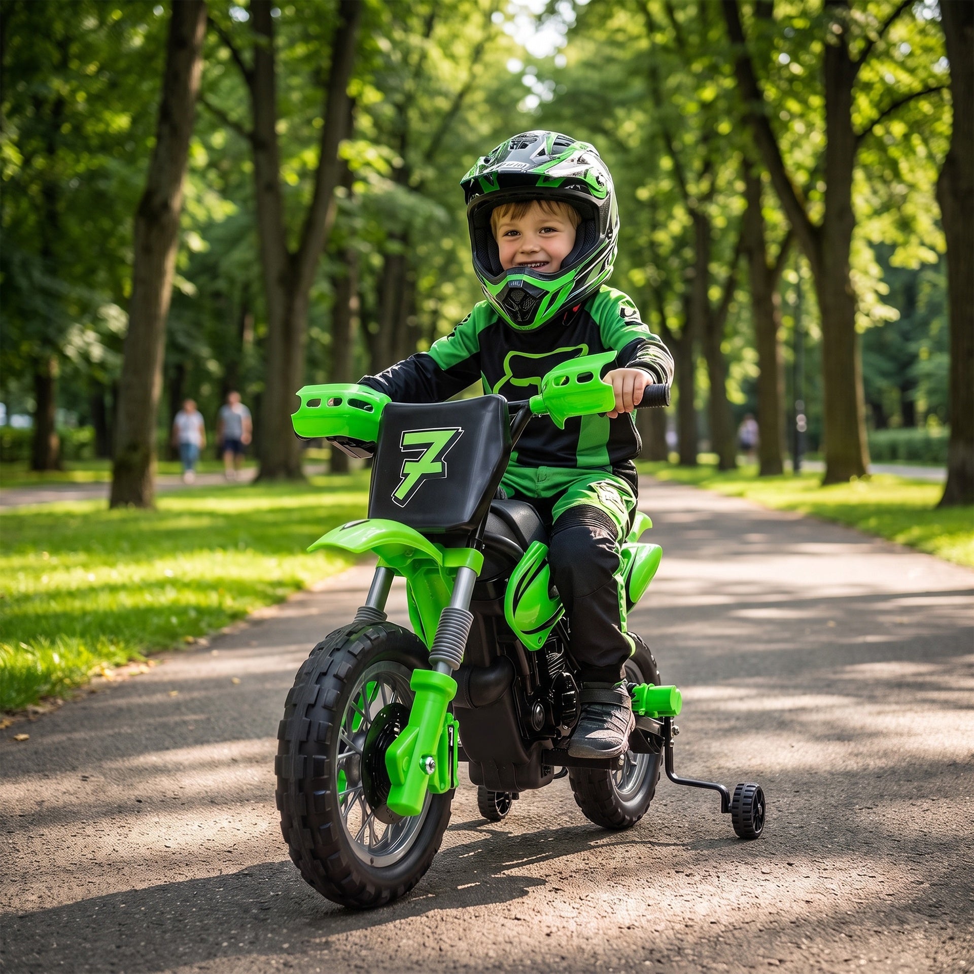 Qaba 12V Kids Motorcycle, 2 x 35W Electric Dirt Bike with Training Wheels, Rear Suspension, Horn for 3-6 Years, Green