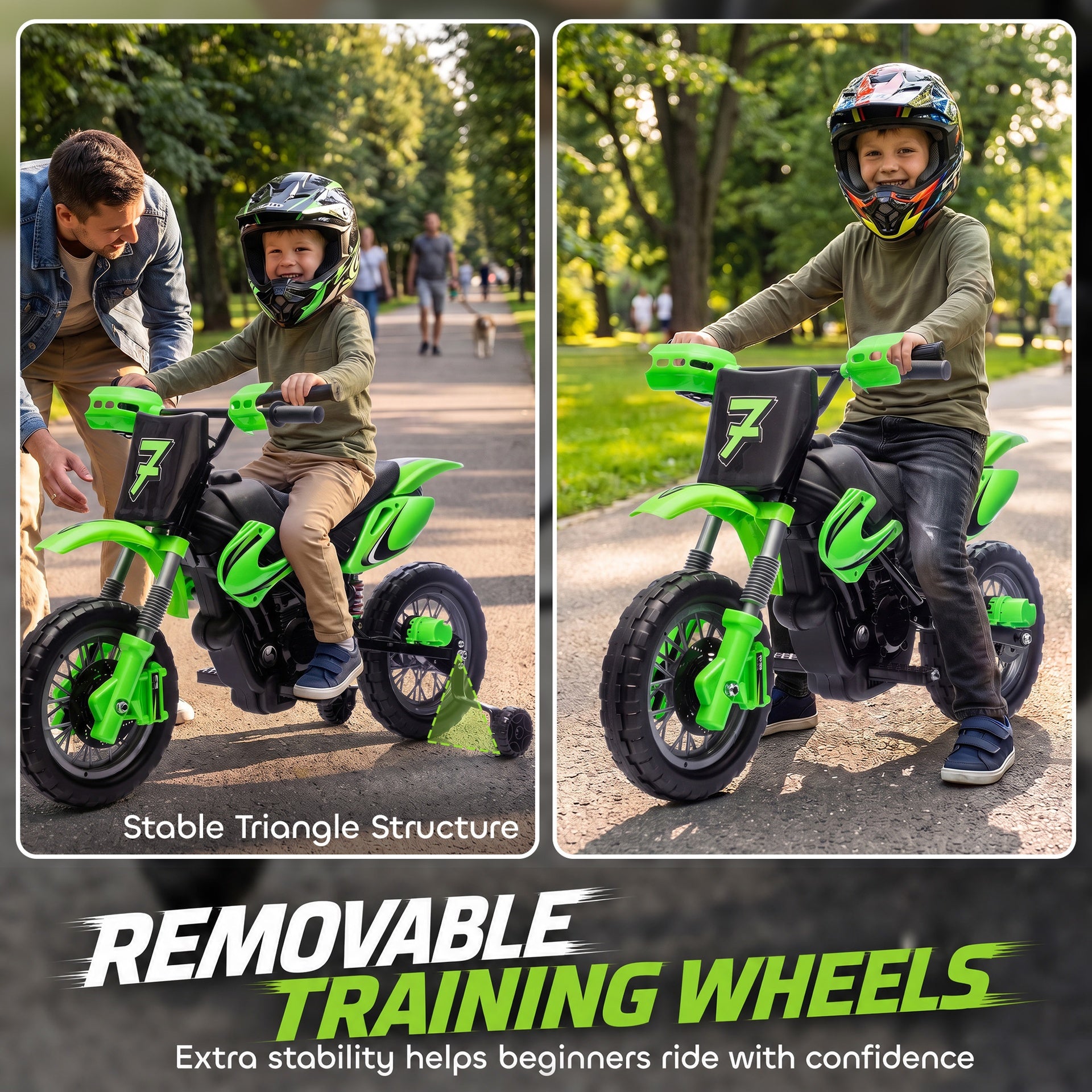 Qaba 12V Kids Motorcycle, 2 x 35W Electric Dirt Bike with Training Wheels, Rear Suspension, Horn for 3-6 Years, Green