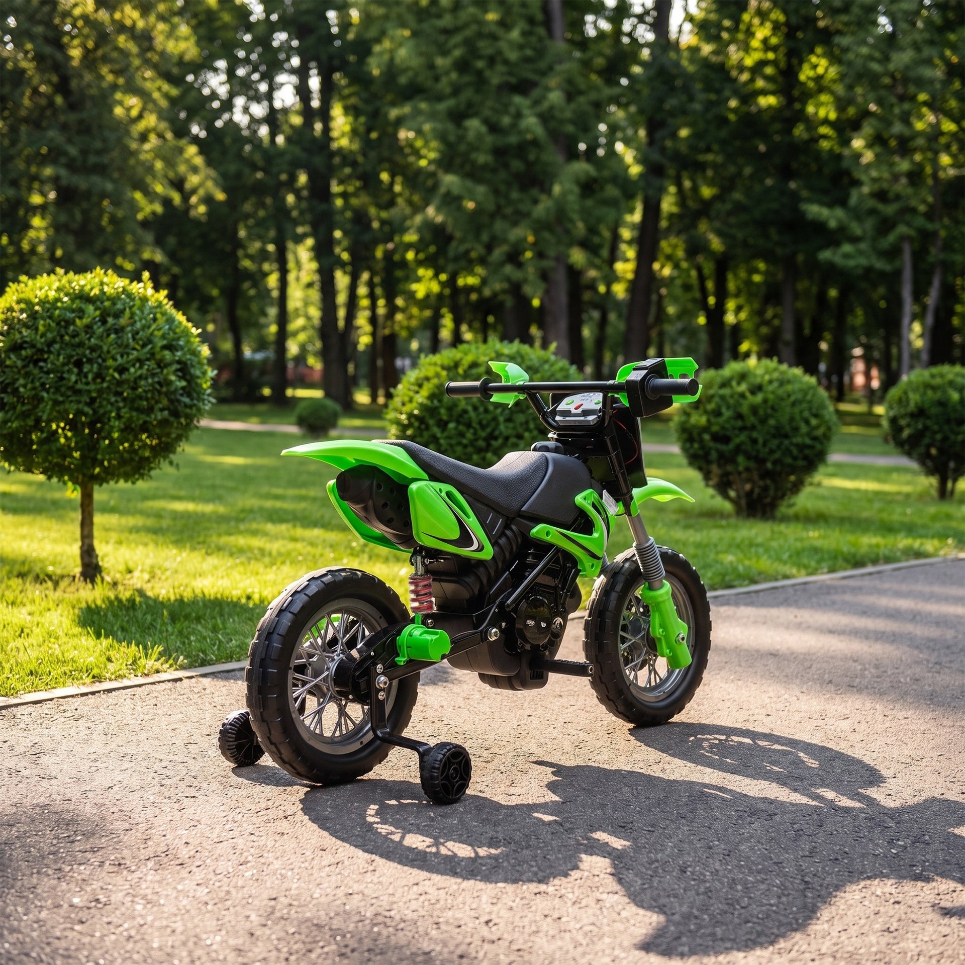 Qaba 12V Kids Motorcycle, 2 x 35W Electric Dirt Bike with Training Wheels, Rear Suspension, Horn for 3-6 Years, Green