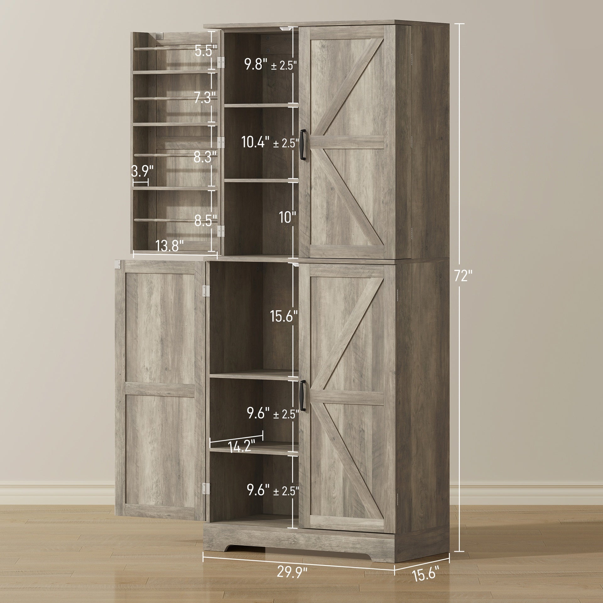 HOMCOM Farmhouse Kitchen Pantry, 72" Tall Pantry Cabinet with 4 Barn Doors, 4 Adjustable Shelves and 8 Door Shelves, Gray Wash