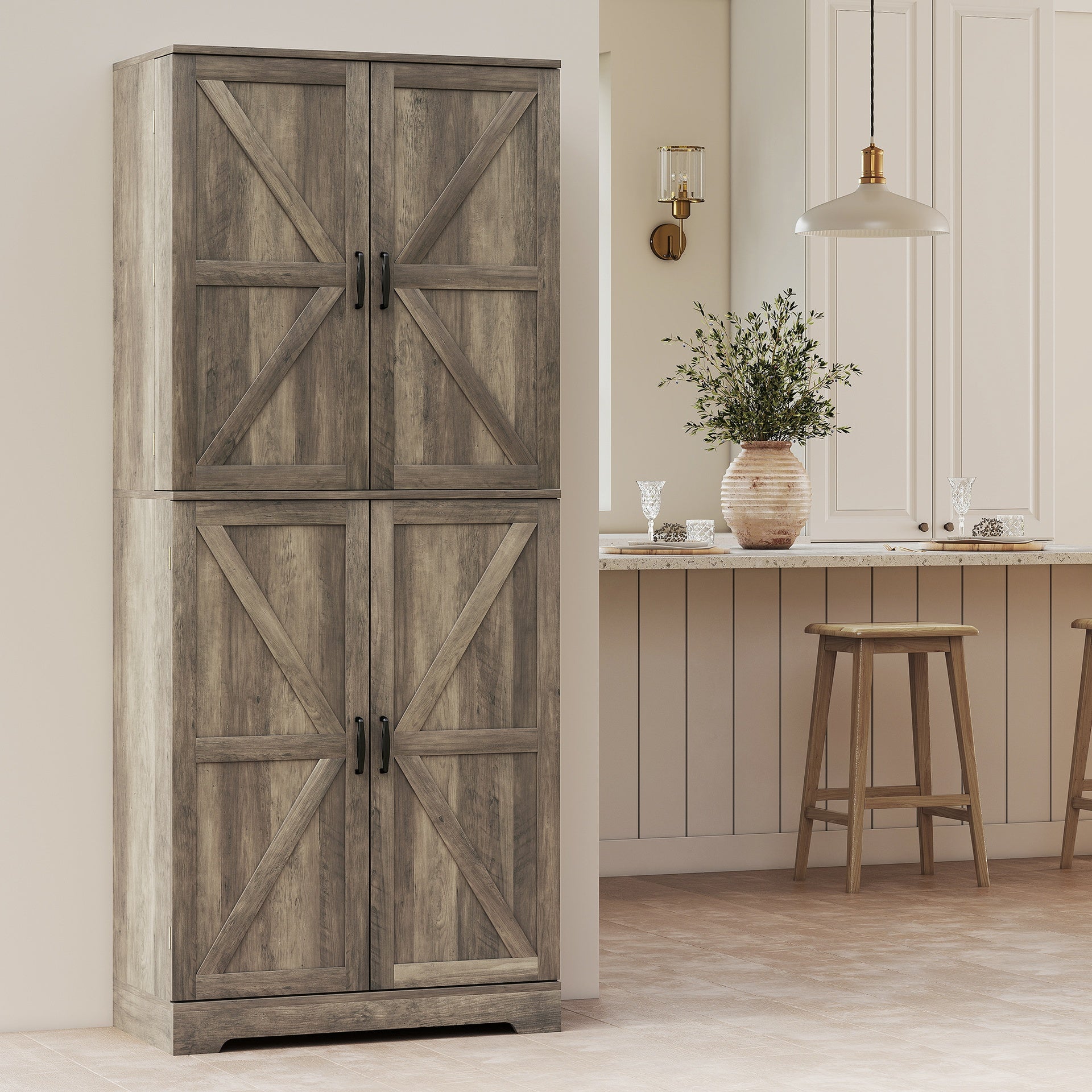 HOMCOM Farmhouse Kitchen Pantry, 72" Tall Pantry Cabinet with 4 Barn Doors, 4 Adjustable Shelves and 8 Door Shelves, Gray Wash