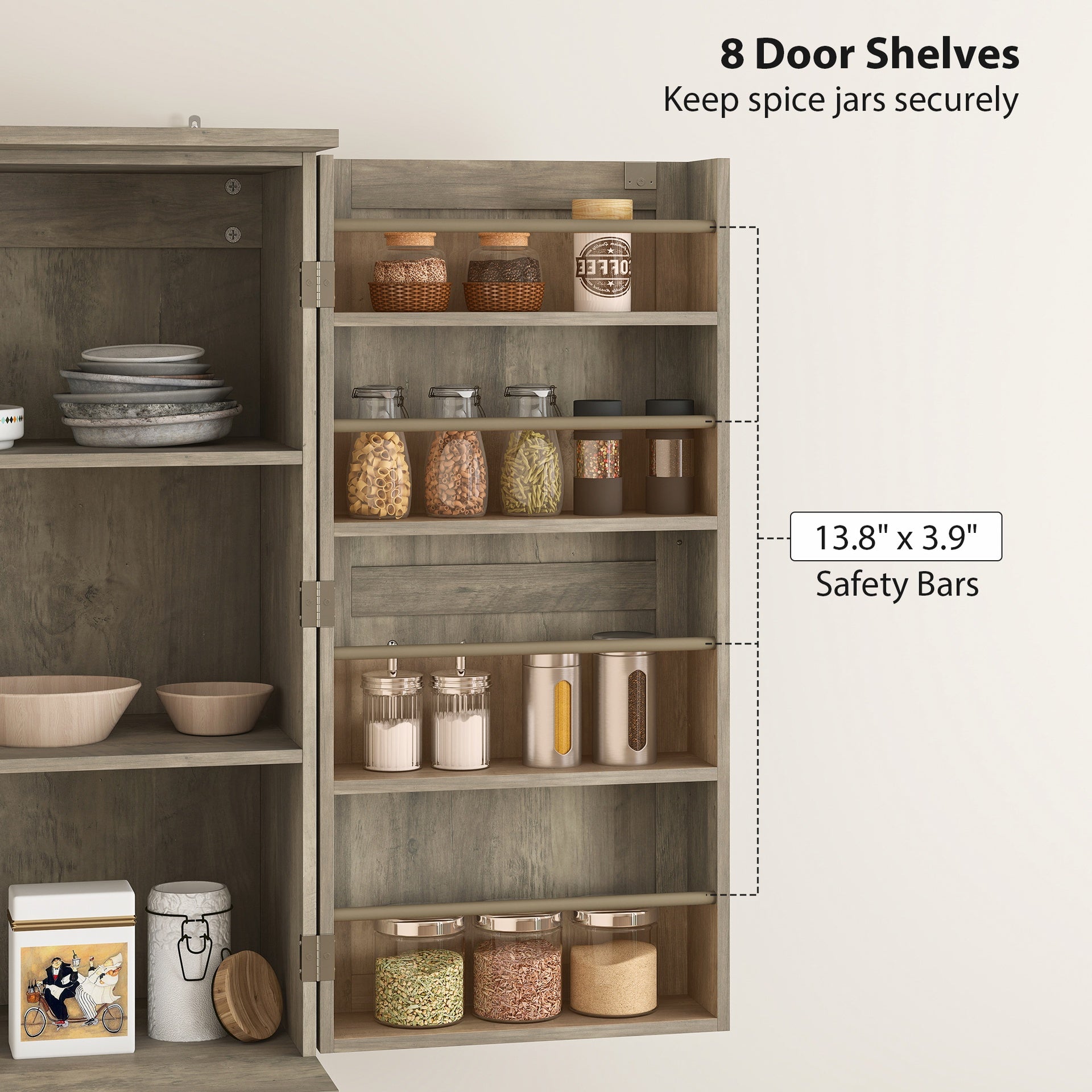 HOMCOM Farmhouse Kitchen Pantry, 72" Tall Pantry Cabinet with 4 Barn Doors, 4 Adjustable Shelves and 8 Door Shelves, Gray Wash