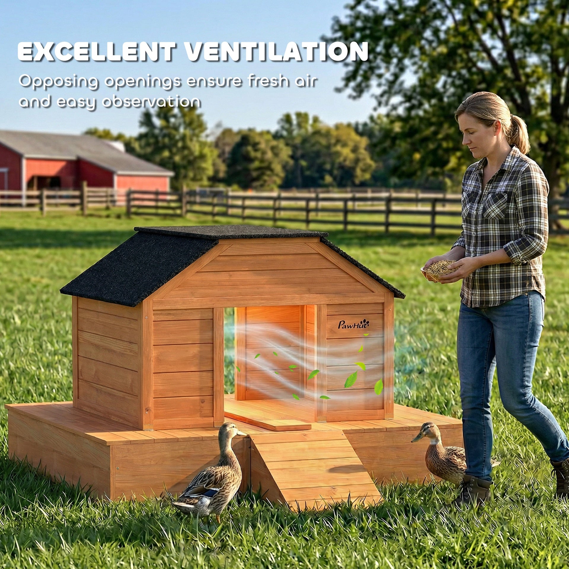 PawHut Floating Duck Coop, Wooden Duck House with Ramp and Waterproof Asphalt Roof, Small Animal House