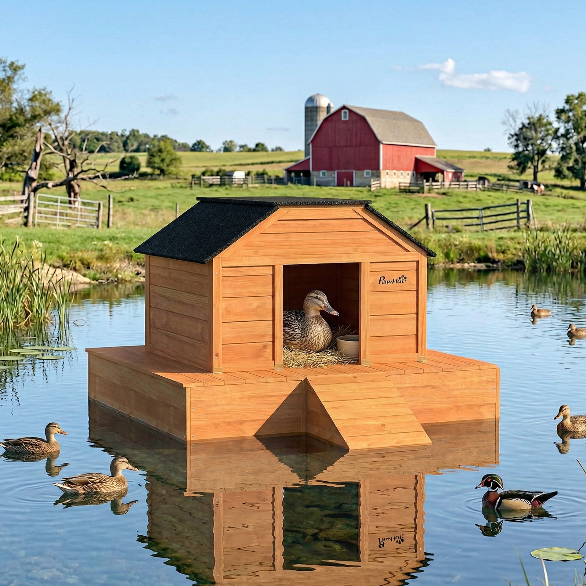 PawHut Floating Duck Coop, Wooden Duck House with Ramp and Waterproof Asphalt Roof, Small Animal House