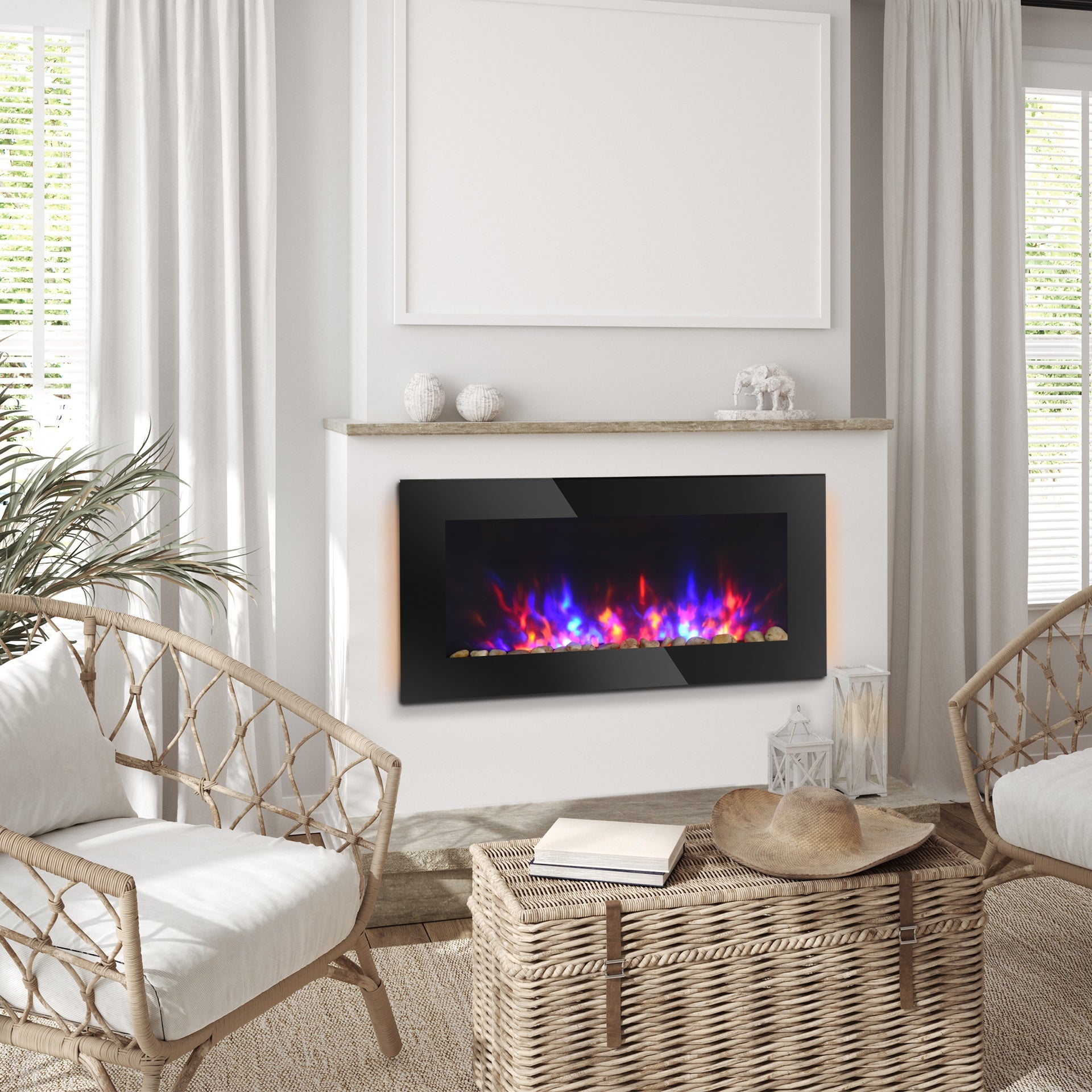 HOMCOM 36" 1450W Electric Wall-Mounted Fireplace with Flame Effect, 7 Color Background Light and Side Light, Black