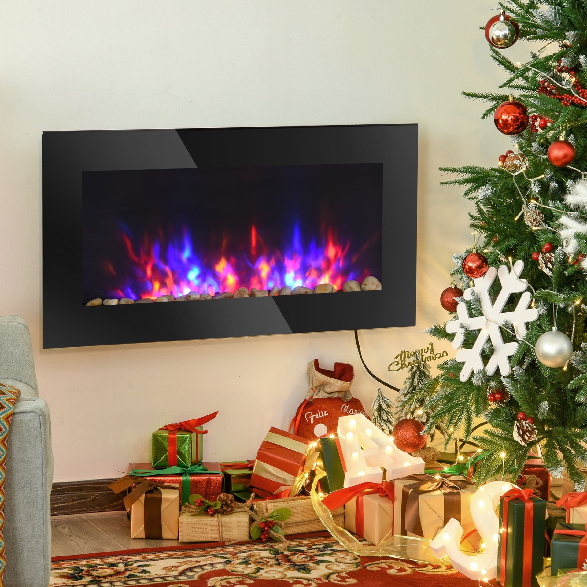 HOMCOM 36" 1450W Electric Wall-Mounted Fireplace with Flame Effect, 7 Color Background Light and Side Light, Black
