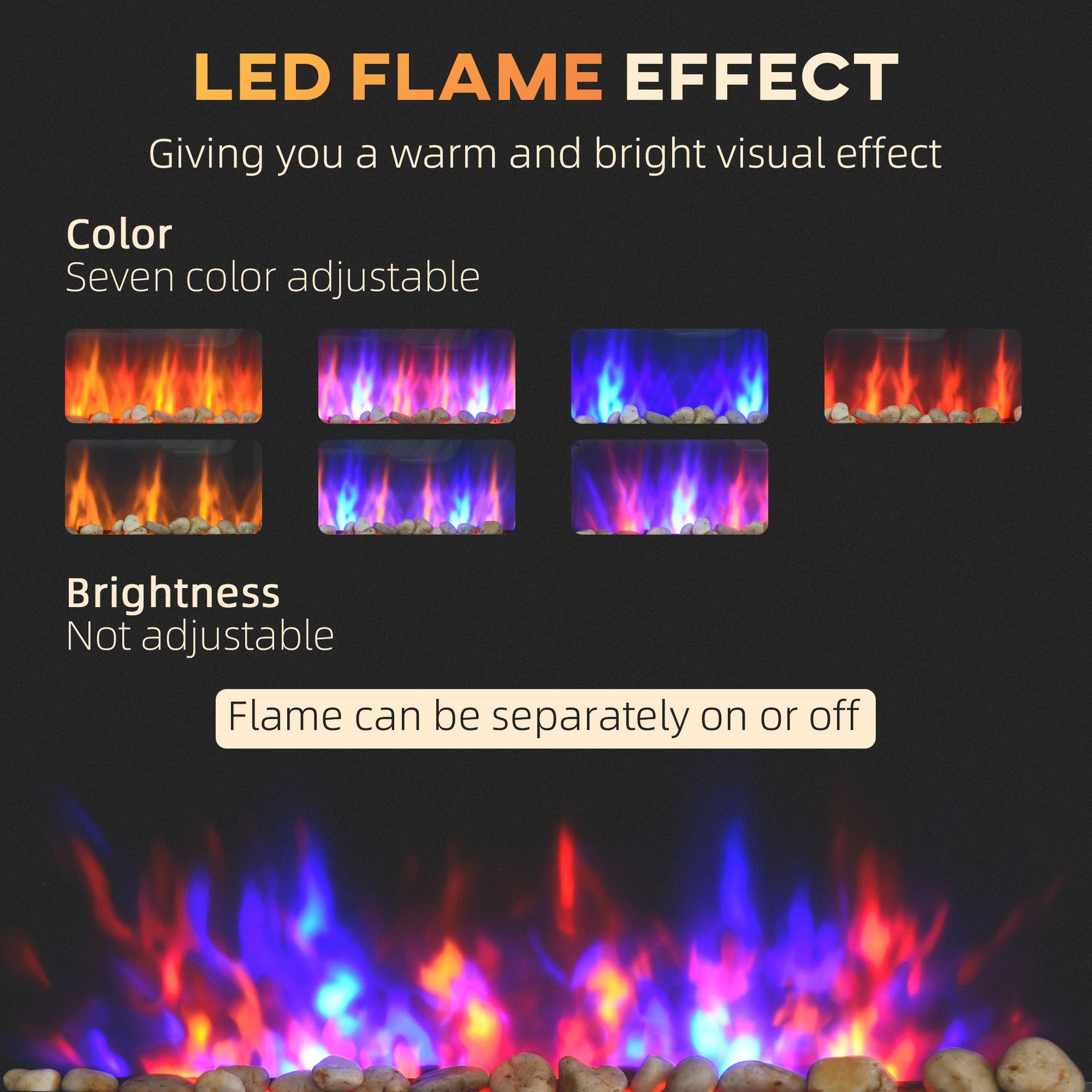 HOMCOM 36" 1450W Electric Wall-Mounted Fireplace with Flame Effect, 7 Color Background Light and Side Light, Black