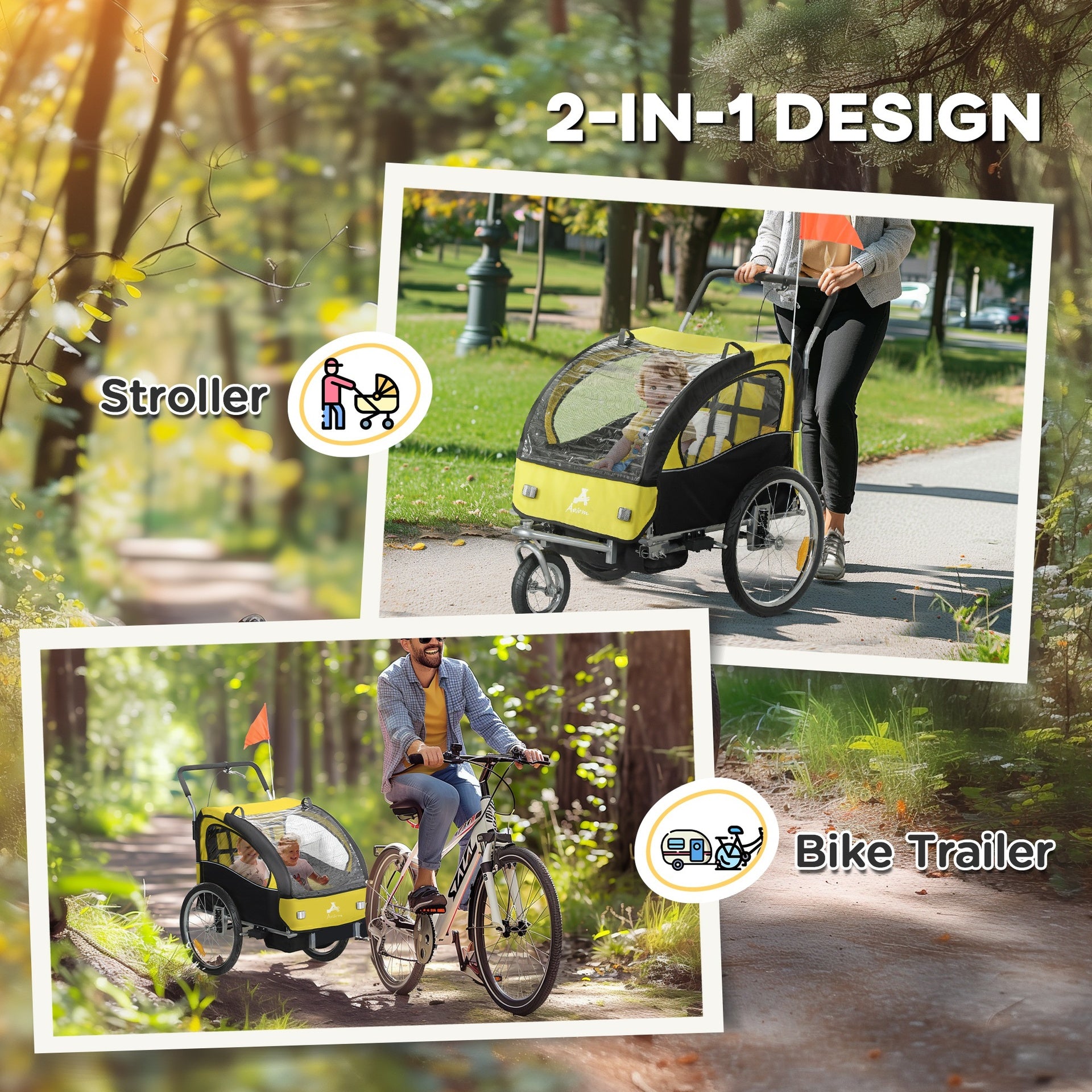 Aosom 2-Seat Elite 360 Swivel Bike Trailer for Kids Bicycle Cargo Trailer with Water-Resistant Windows, Yellow
