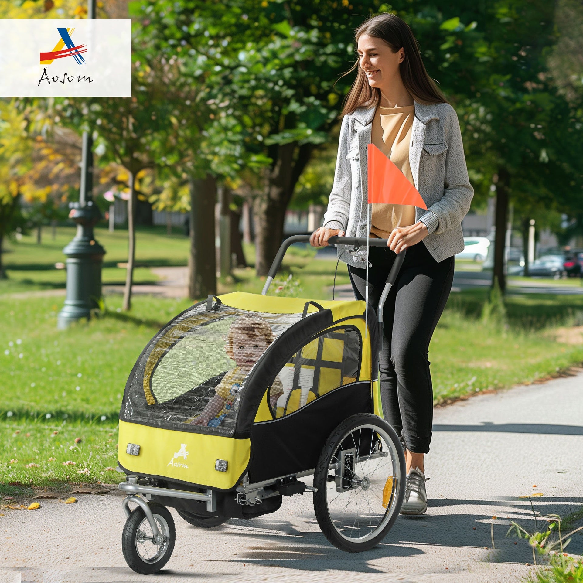 Aosom 2-Seat Elite 360 Swivel Bike Trailer for Kids Bicycle Cargo Trailer with Water-Resistant Windows, Yellow