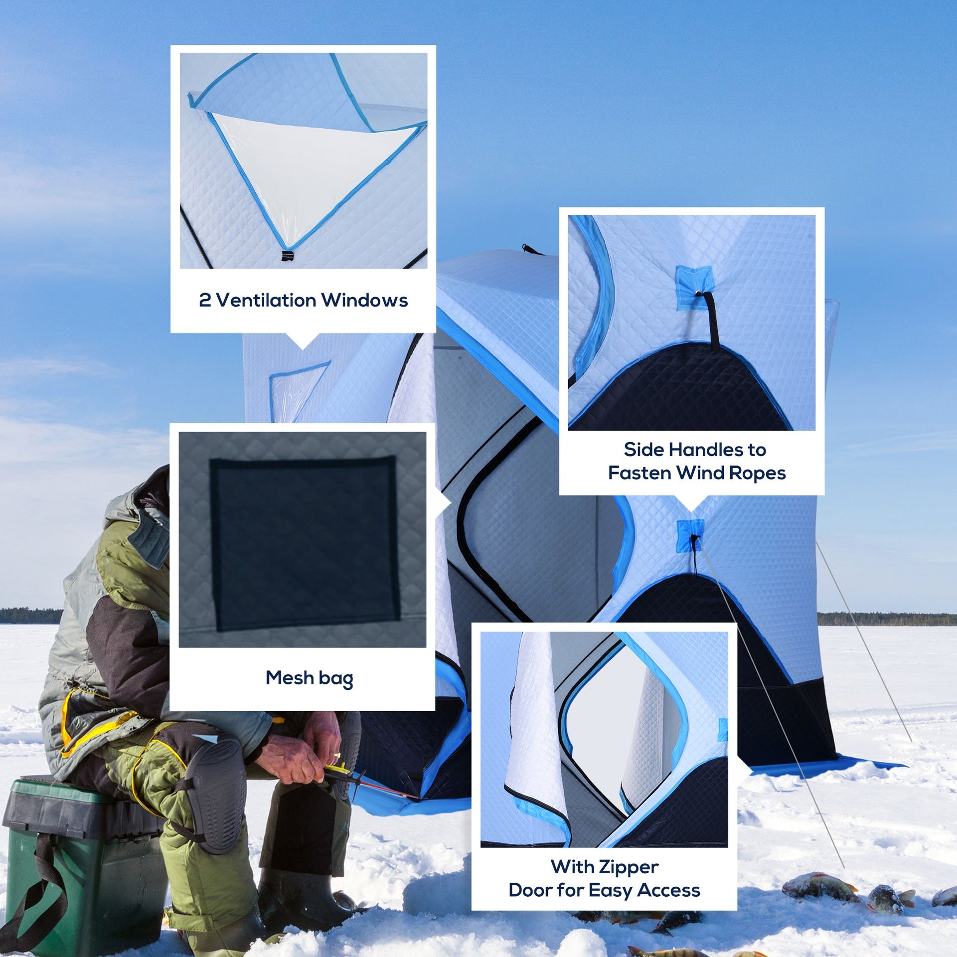 Outsunny 4 Person Ice Fishing Shelter, Pop-Up Ice Shanty Tent, Insulated Portable Tent with 2 Doors & Carrying Bag, Light Blue