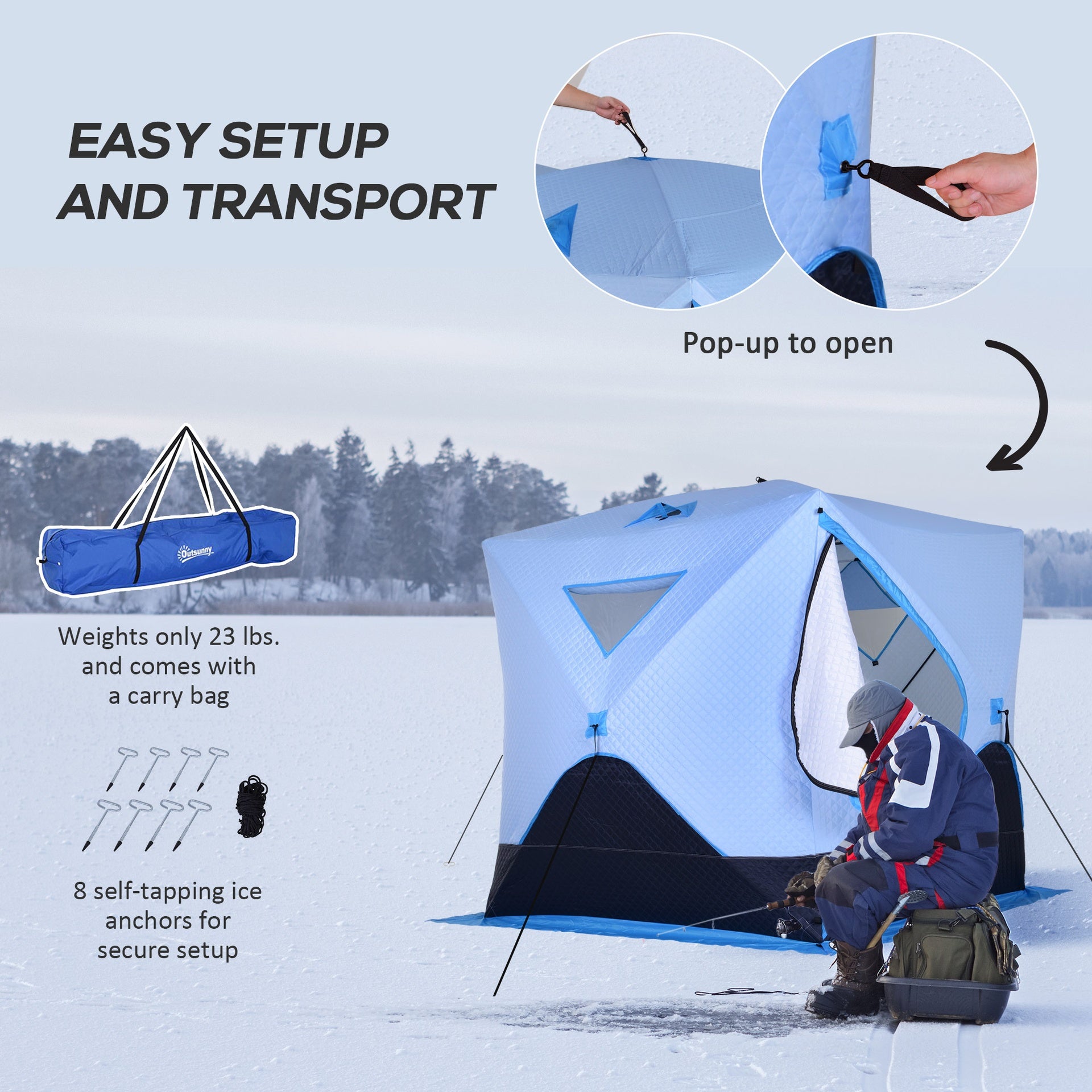 Outsunny 4 Person Ice Fishing Shelter, Pop-Up Ice Shanty Tent, Insulated Portable Tent with 2 Doors & Carrying Bag, Light Blue