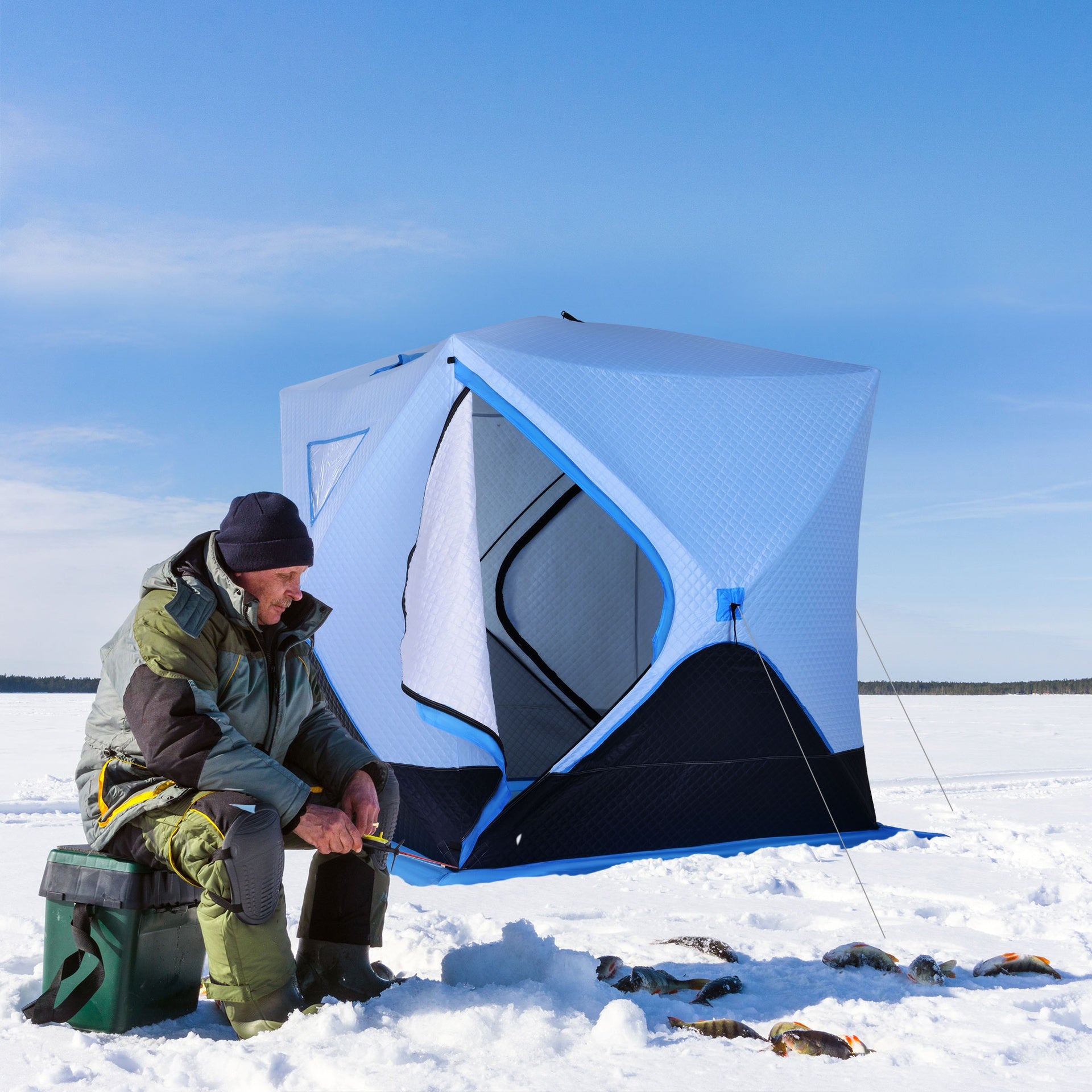 Outsunny 4 Person Ice Fishing Shelter, Pop-Up Ice Shanty Tent, Insulated Portable Tent with 2 Doors & Carrying Bag, Light Blue