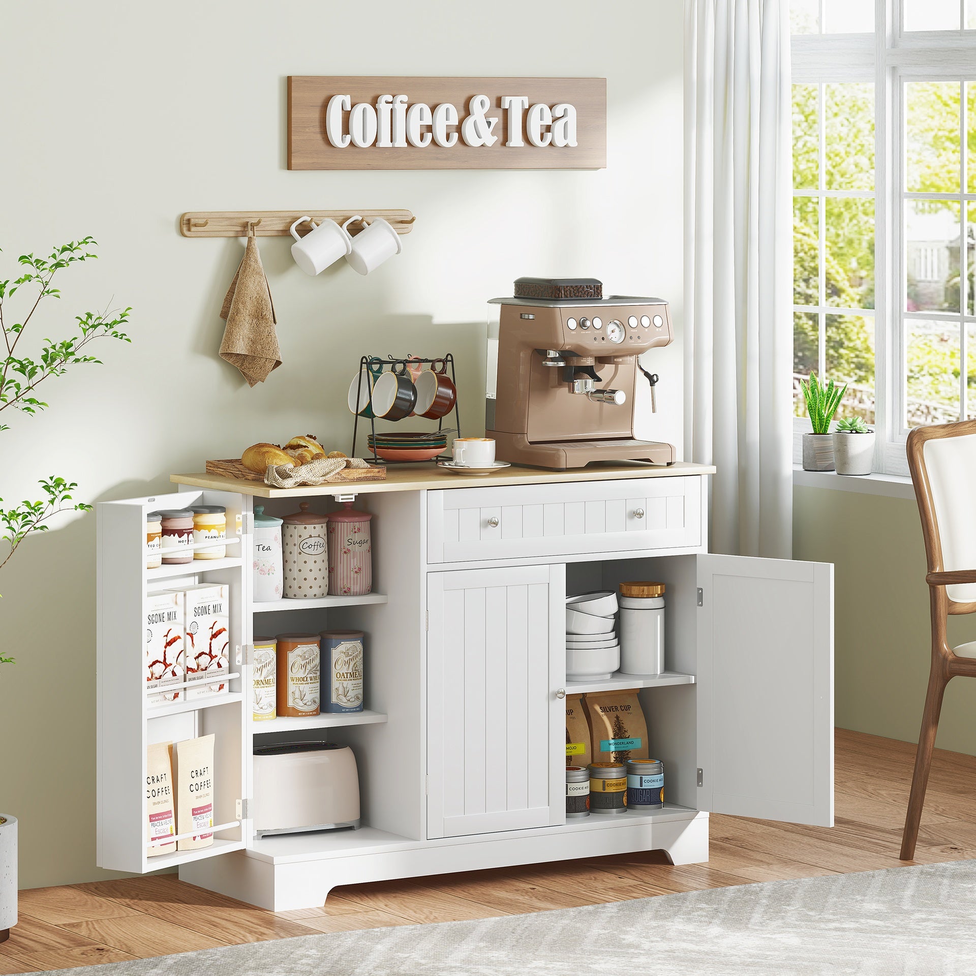 HOMCOM Modern Sideboard Cabinet, 41" Kitchen Buffet Cabinet with Drawer, Adjustable Shelf, 3 Doors for Dining Room, White