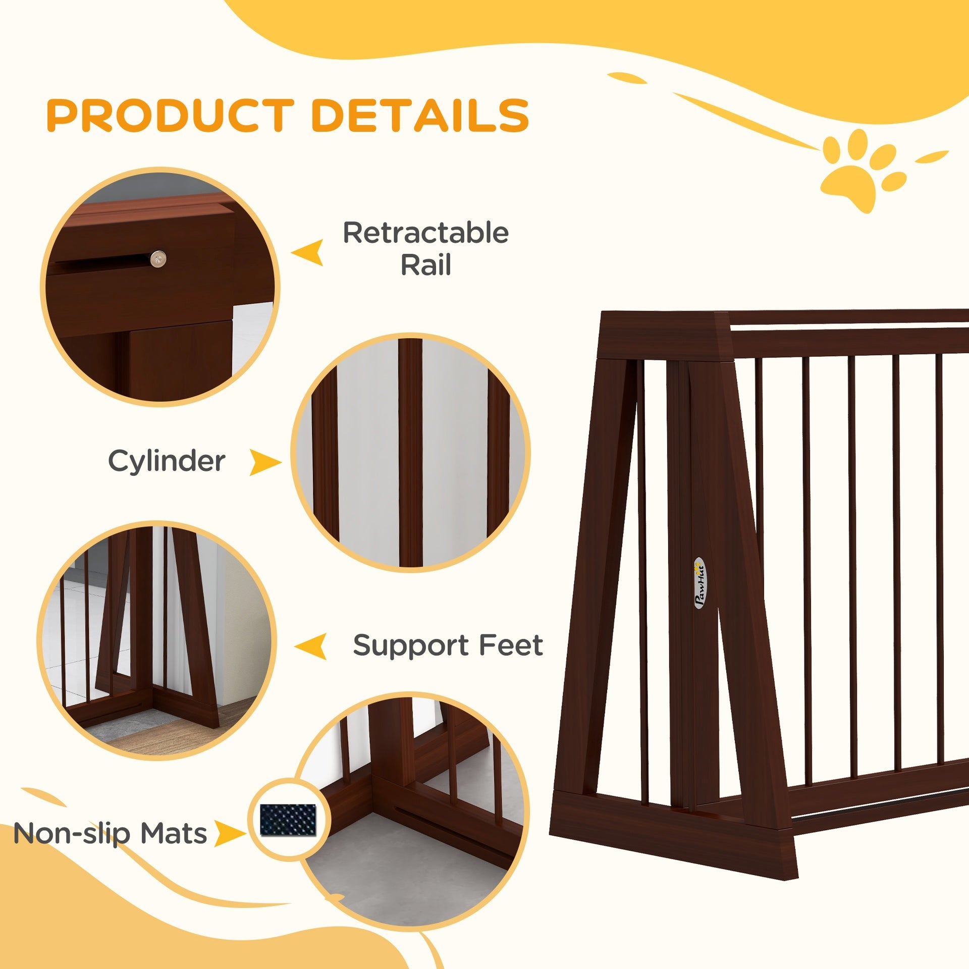PawHut 28"-75" Freestanding Wooden Pet Gate with Support Feet & Non-Slip Mats for Indoor, Stairway, Doorway, Brown