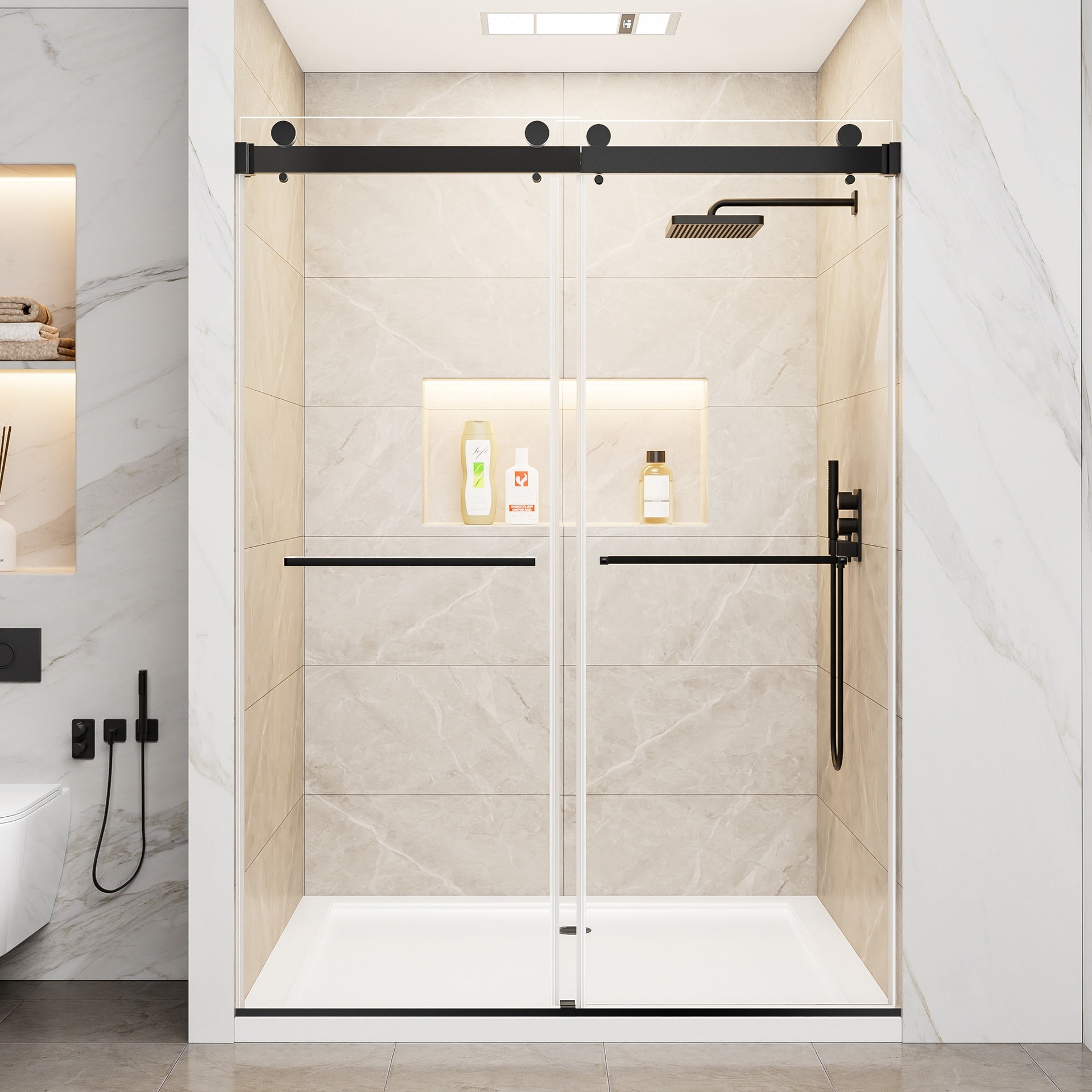 56"-60" W x 78" H Frameless Double Sliding Shower Door, Matte Black Shower Screen, 3/8" (10mm) Clear Tempered Glass With Explosion-proof Film, Dual Stainless Steel Door Handles
