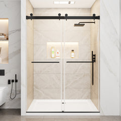 56"-60" W x 78" H Frameless Double Sliding Shower Door, Matte Black Shower Screen, 3/8" (10mm) Clear Tempered Glass With Explosion-proof Film, Dual Stainless Steel Door Handles