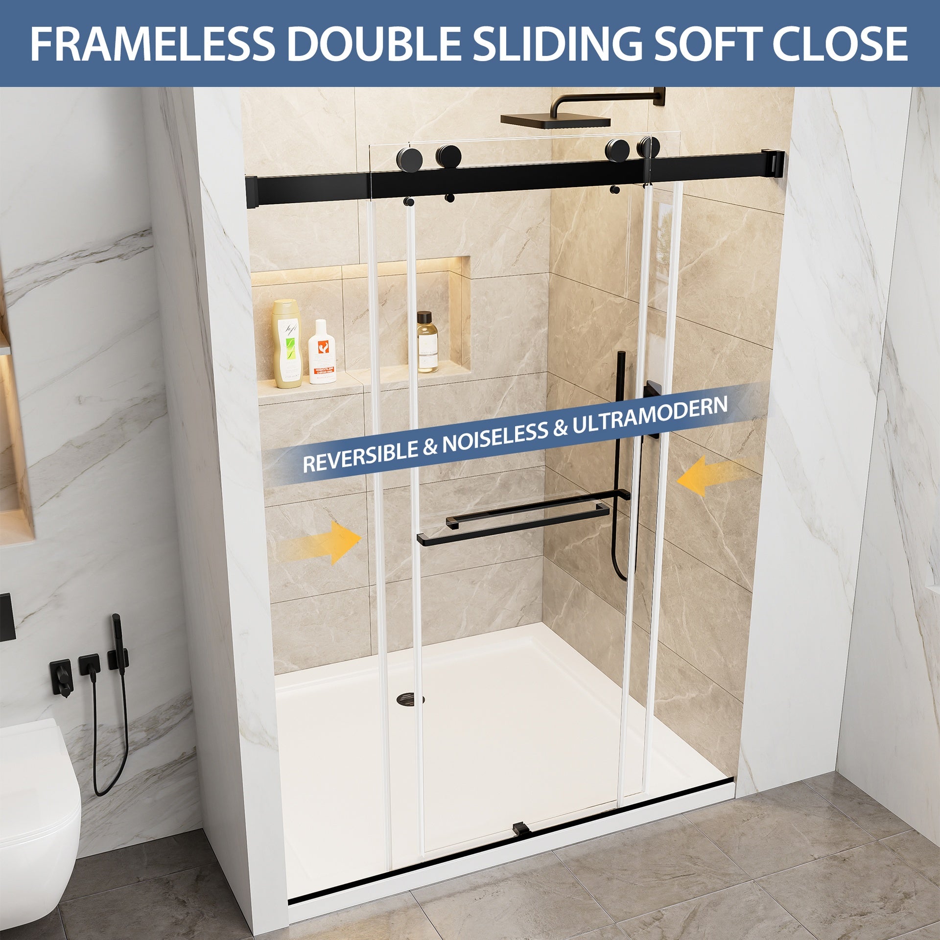 56"-60" W x 78" H Frameless Double Sliding Shower Door, Matte Black Shower Screen, 3/8" (10mm) Clear Tempered Glass With Explosion-proof Film, Dual Stainless Steel Door Handles