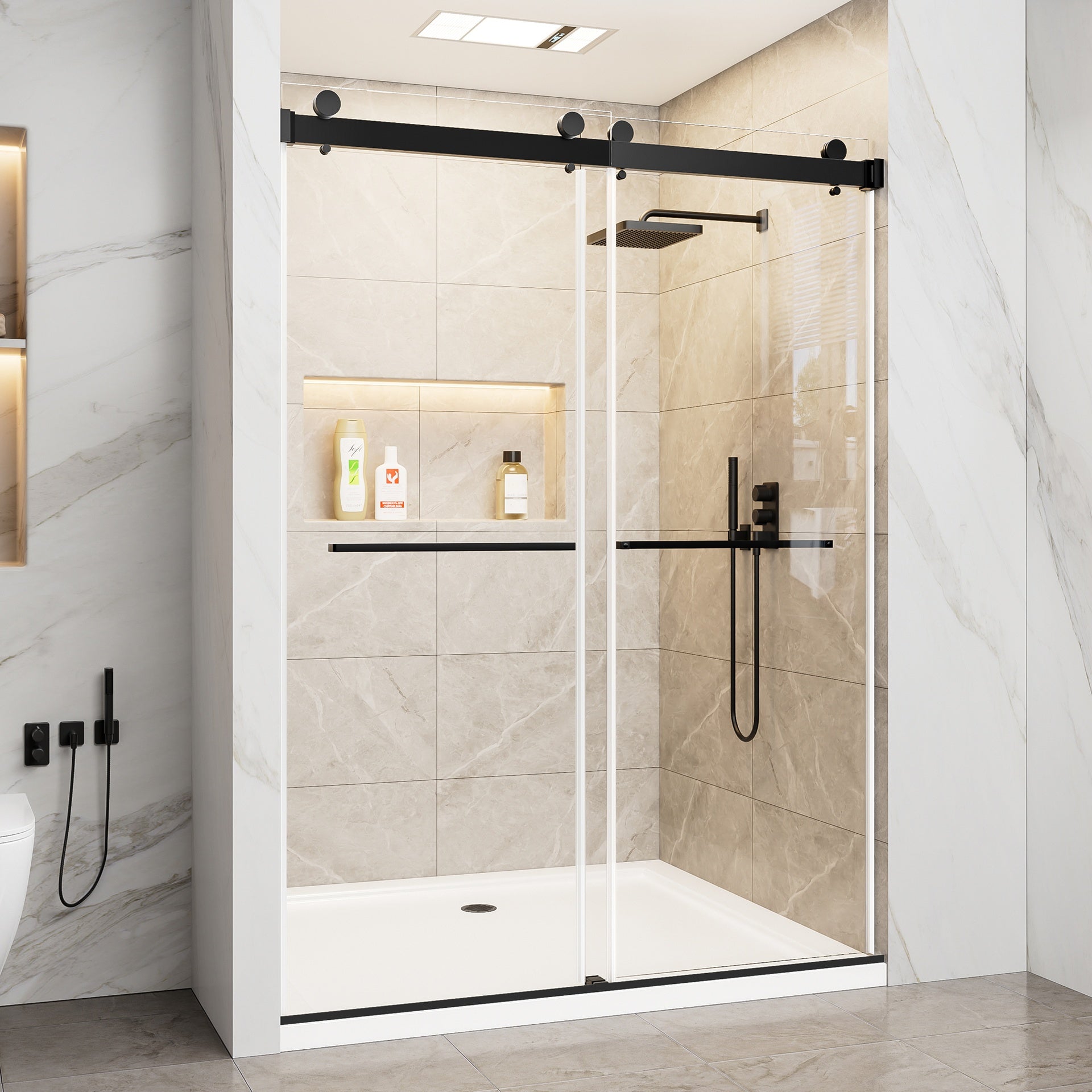 56"-60" W x 78" H Frameless Double Sliding Shower Door, Matte Black Shower Screen, 3/8" (10mm) Clear Tempered Glass With Explosion-proof Film, Dual Stainless Steel Door Handles