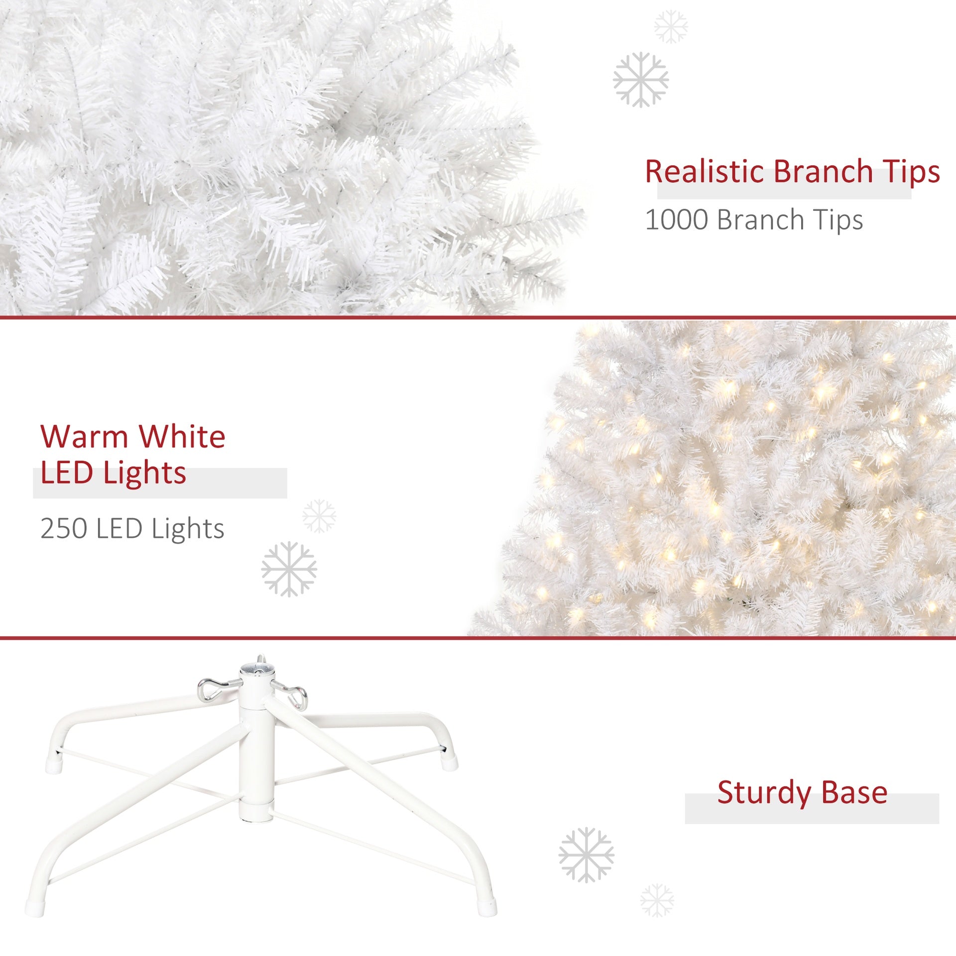 HOMCOM 6 FT Tall PreLit Artificial Christmas Tree with Realistic Branches, 250 Warm White LED Lights and 1000 Tips, White