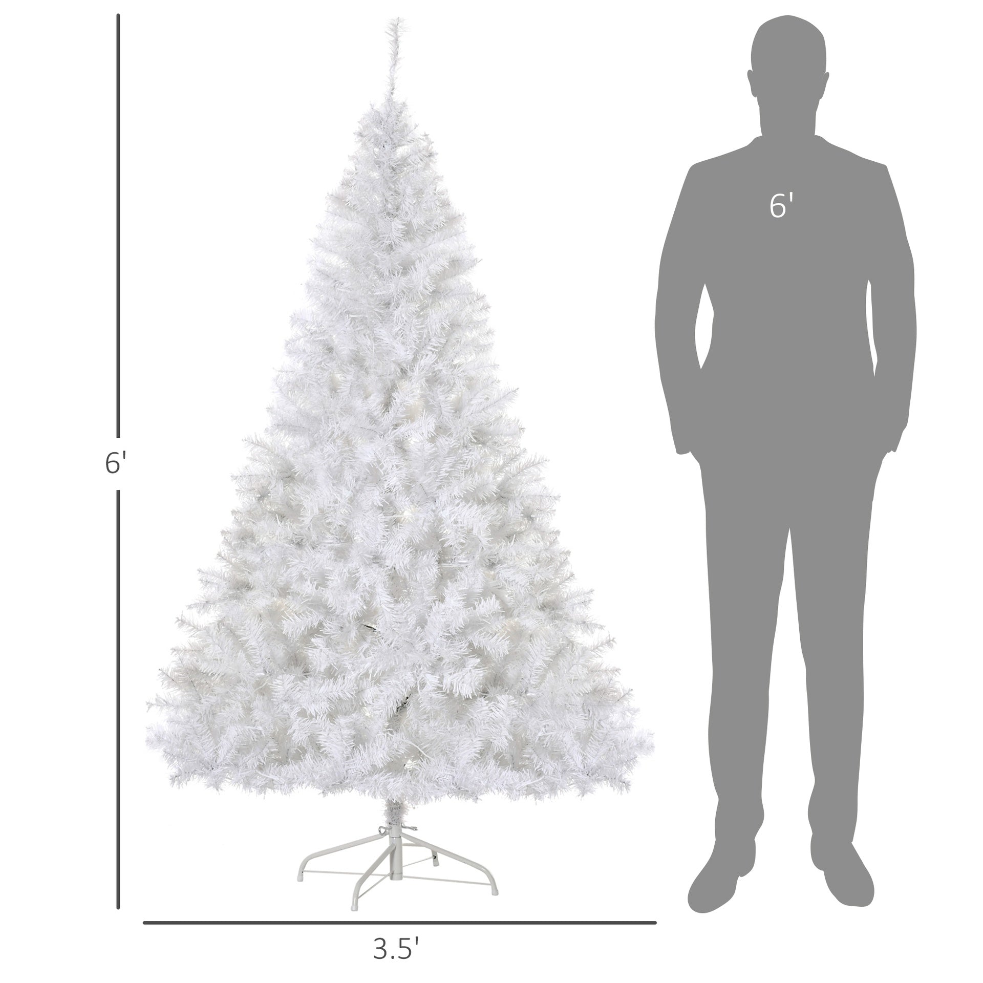 HOMCOM 6 FT Tall PreLit Artificial Christmas Tree with Realistic Branches, 250 Warm White LED Lights and 1000 Tips, White