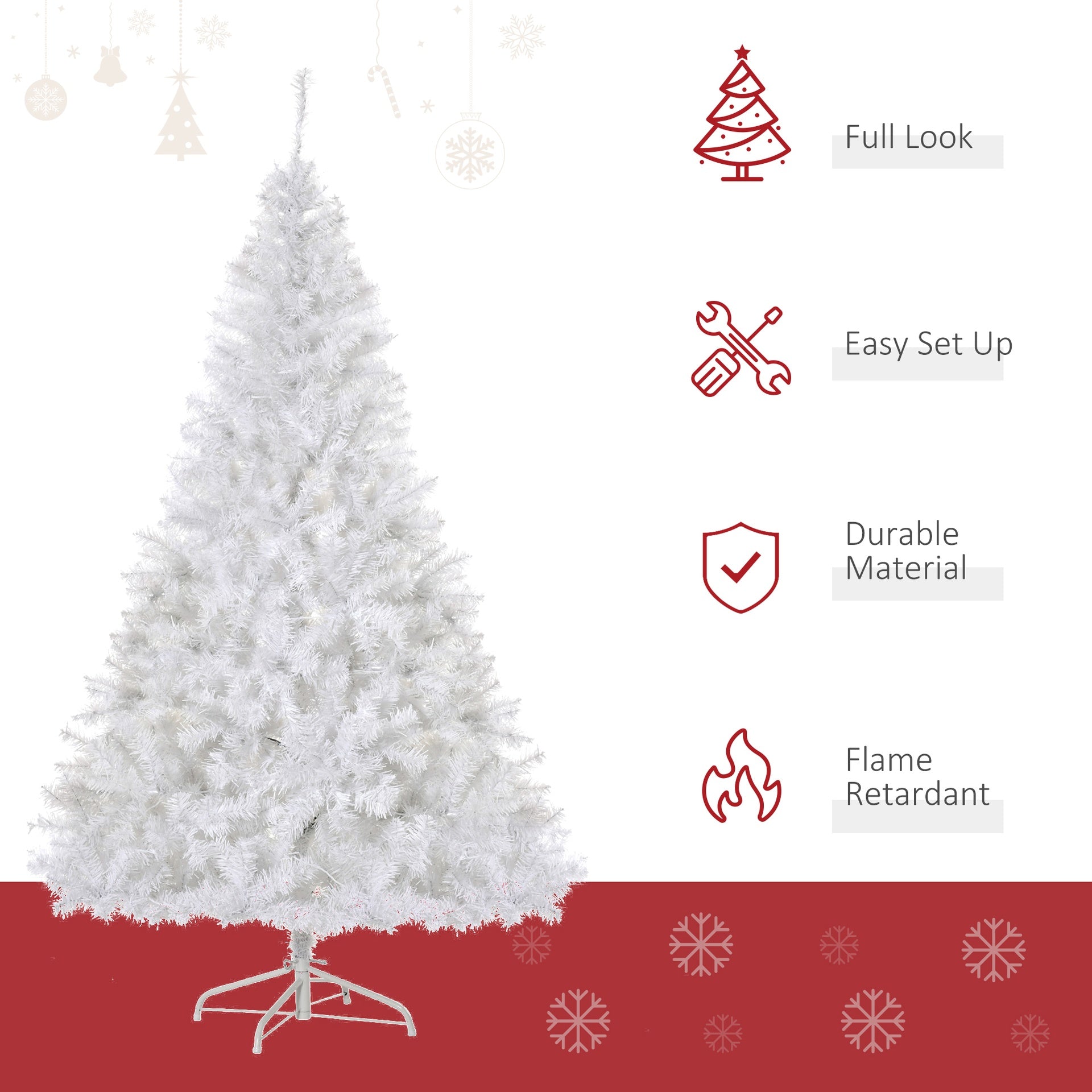 HOMCOM 6 FT Tall PreLit Artificial Christmas Tree with Realistic Branches, 250 Warm White LED Lights and 1000 Tips, White
