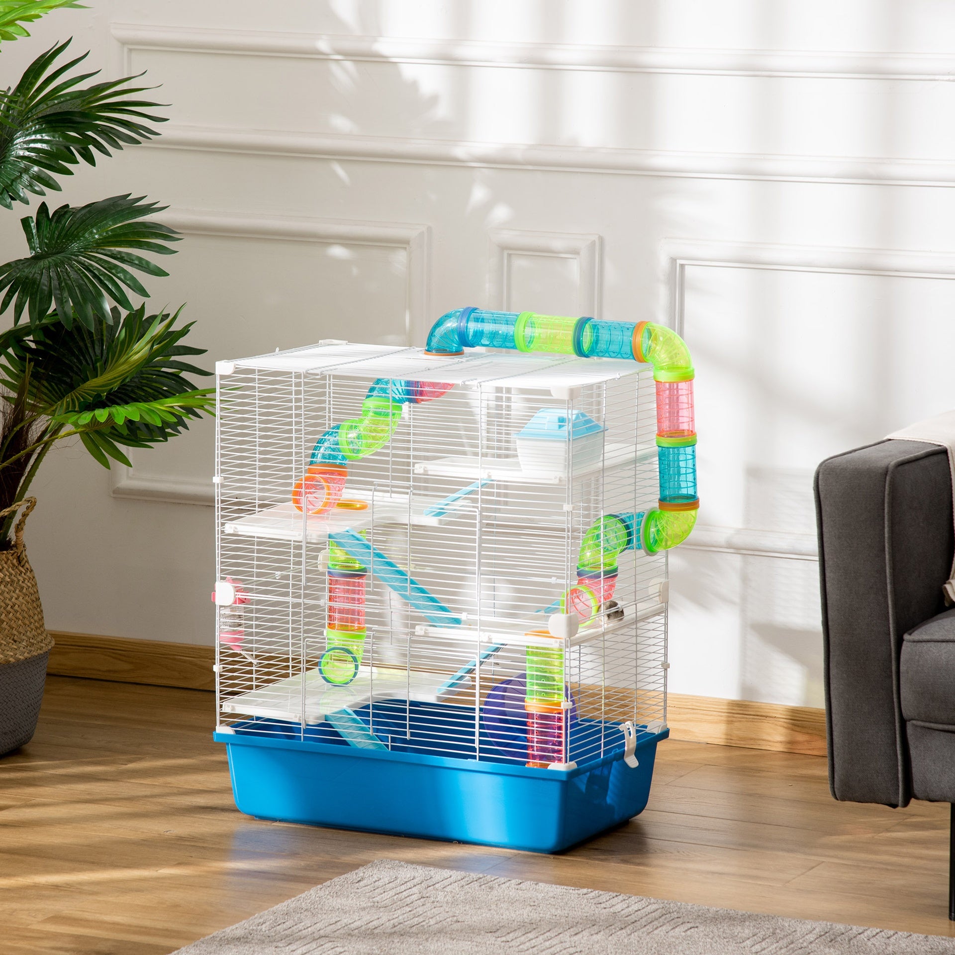PawHut 23" 5-Tier Hamster Cage with Wheel and Water Bottle, Blue